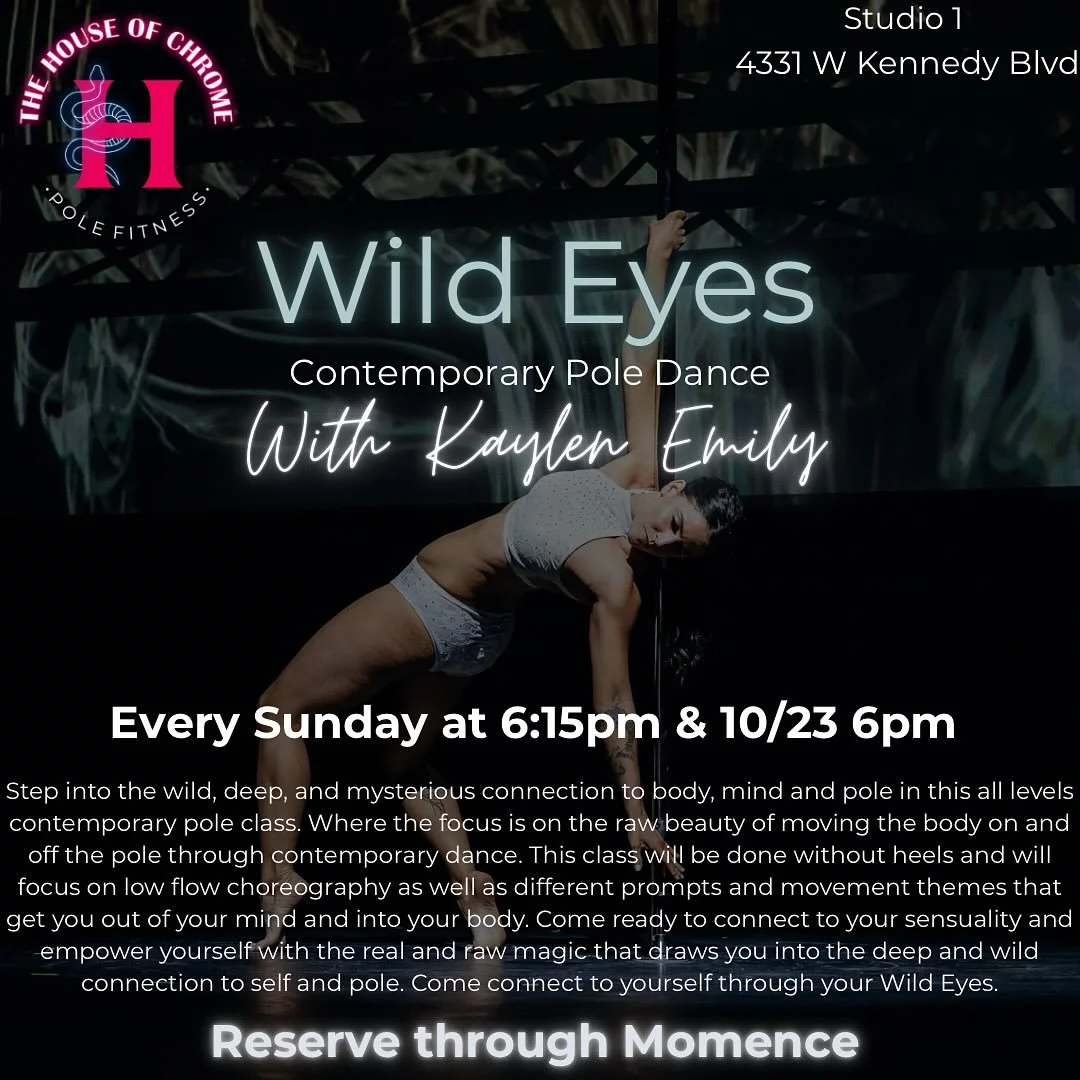✨New Class Alert✨
You asked, we listened.
Introducing Wild Eyes – an all-levels, contemporary pole dance class with no heels required.
Join Kaylen starting this Sunday at 6:15 PM for a barefoot-friendly experience that’s all about movem