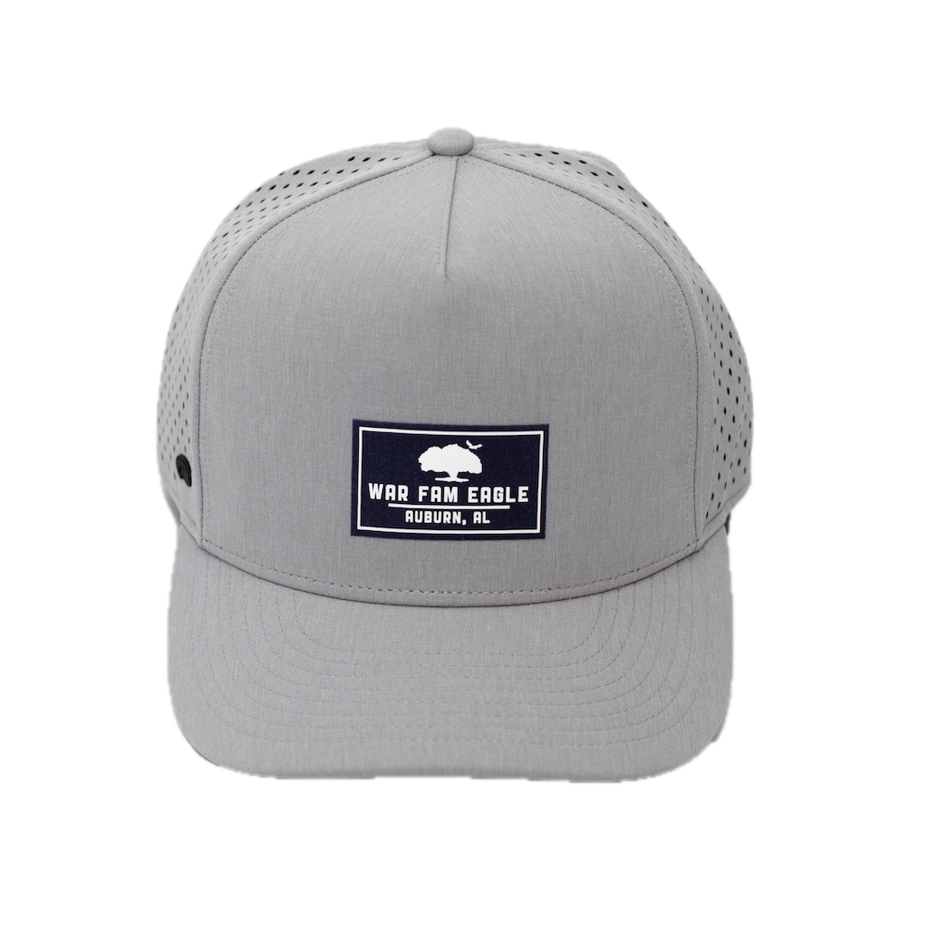 War Fam Eagle Cloud Grey Foundation Hydro Hat with navy rubber patch full tree and script logo. Waterproof.
