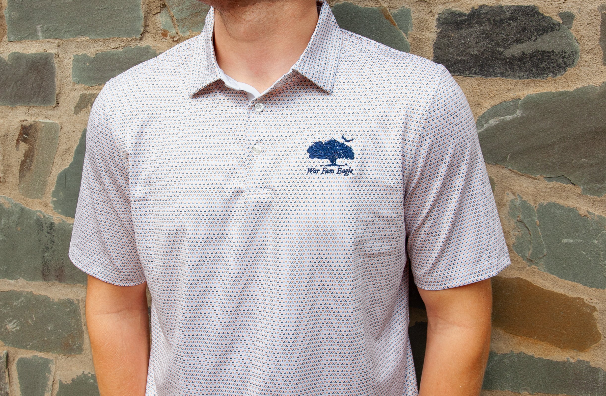 Men's Tri-Motif Performance Polo- White/Navy/Orange