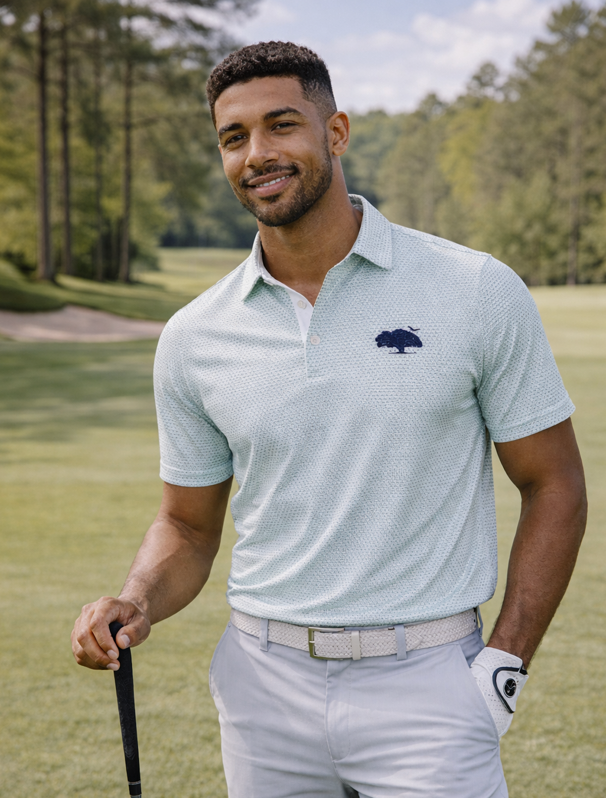 Men's Tri-Motif Performance Polo- White/Leaf/Navy