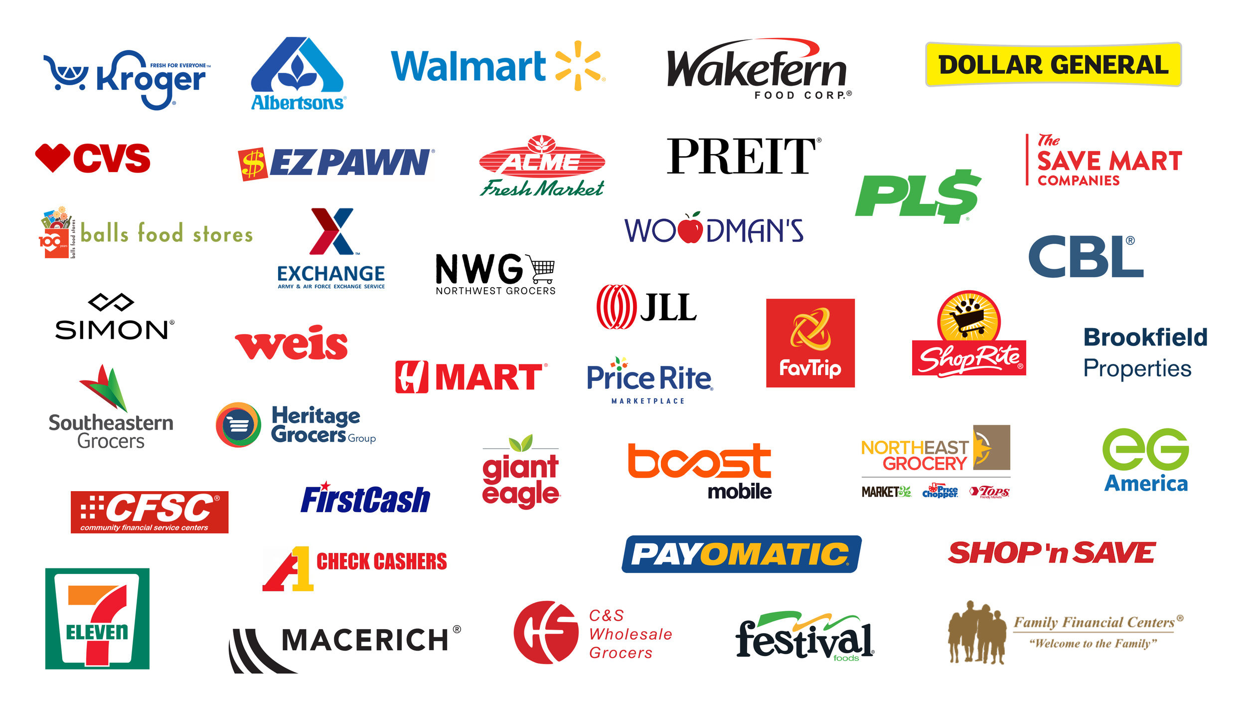 A collage of various retail store logos, including Kroger, Albertsons, Walmart, Wakefern, Dollar General, CVS, EZPAWN, AEME, PREIT, The Save Mart Companies, balls food stores, EXCHANGE, NWG, JLL, CBL, Brookfield Properties, Southeastern Grocers, Heritage Grocers Group, giant eagle, Weis, MART, Price Rite, ShopRite, CFSC, FirstCash, Check Cashers, 7-Eleven, Macerich, C&S Wholesale Grocers, festival foods, Family Financial Centers, and others.