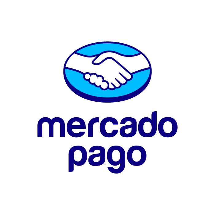 Logotipo de Mercado Pago con dos manos estrechándose en un círculo azul y letras moradas debajo que dicen 'mercado pago'.