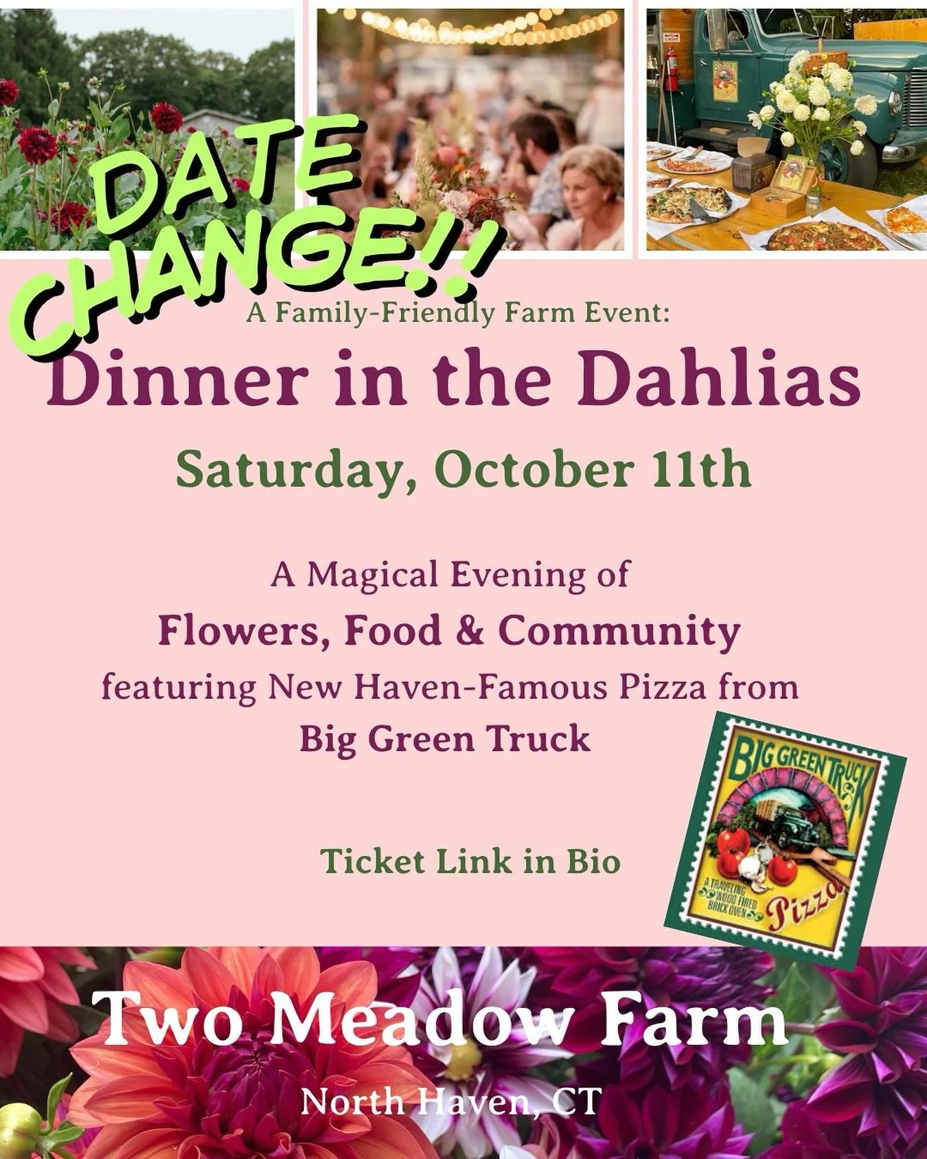 DATE CHANGE 📣 We are shifting with the weather and the dinner with now be on this SATURDAY, October 11th. 
Join us @twomeadowfarm for a magical evening of flowers, food, and community. Saturday, October 11th &mdash; our final dinner of the season! ?