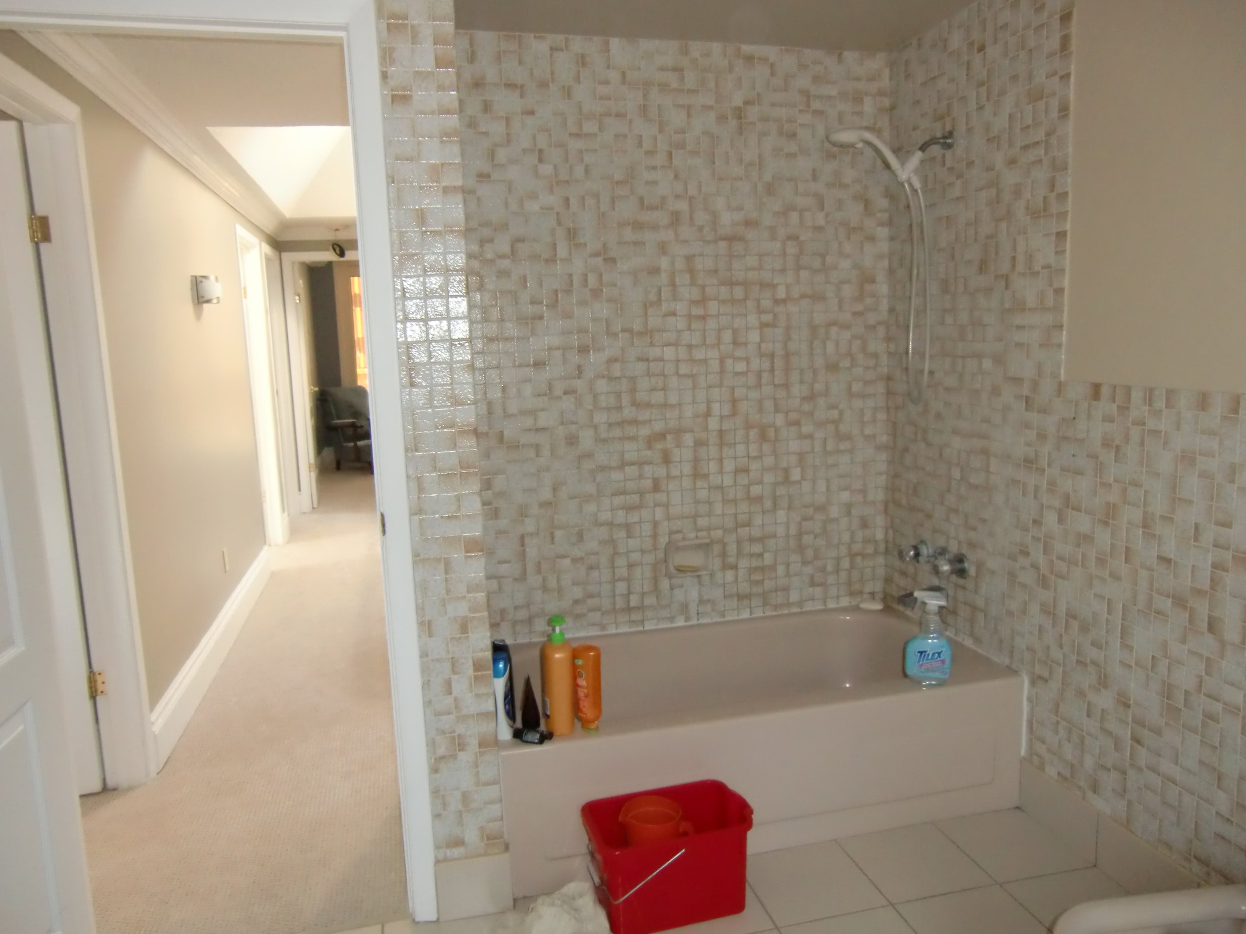 Before picture of outdated bathroom and bathtub in Komoka, Ontario, prior to renovation by Burcon Construction.