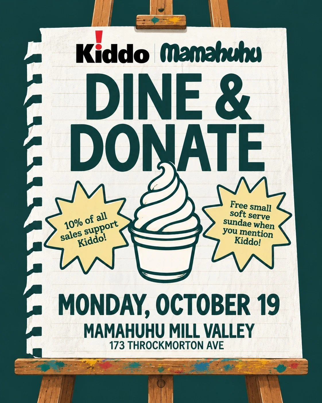 🍜❤️💛 DINE &amp; DONATE FOR KIDDO!

Take a night off cooking and head to Mamahuhu Mill Valley on Monday, November 17!

Mamahuhu is generously donating 10% of ALL sales &mdash; dine-in and online, ALL DAY &mdash; to Kiddo! 🎉

🍦 Plus, mention Kiddo!