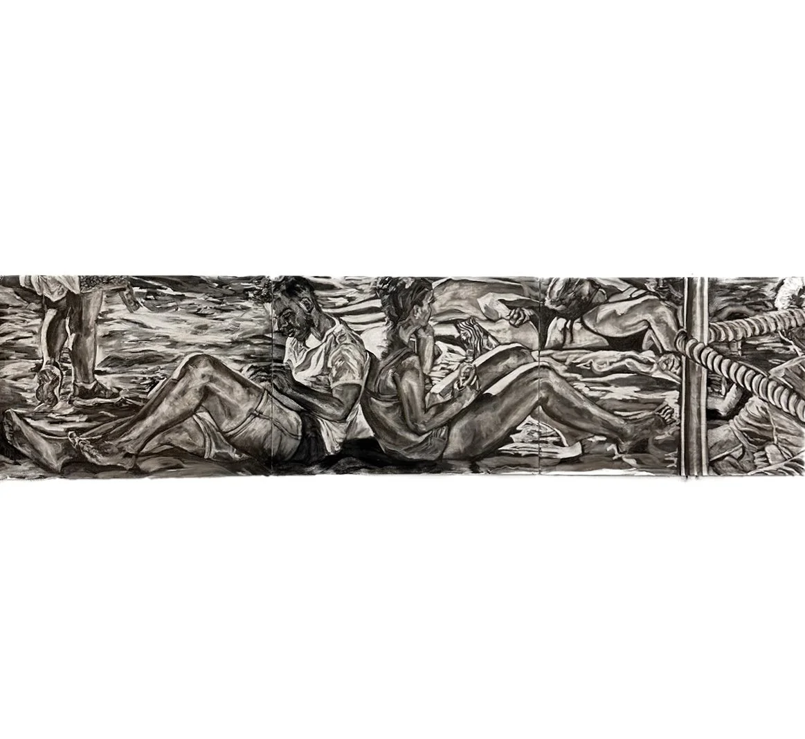 I Saw it By the Water, 2025, 18"x72", Charcoal on Canvas Panel, 