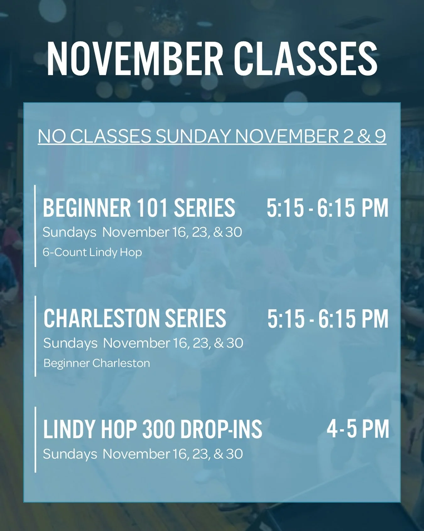 We&rsquo;ve got a bit of time until November classes start, but it&rsquo;s never too early to snag your spot! We&rsquo;ve got some exciting things planned for you:

⭐️ Beginner 101 Series teaching 6-count Lindy Hop
⭐️ Beginner Charleston Series for a