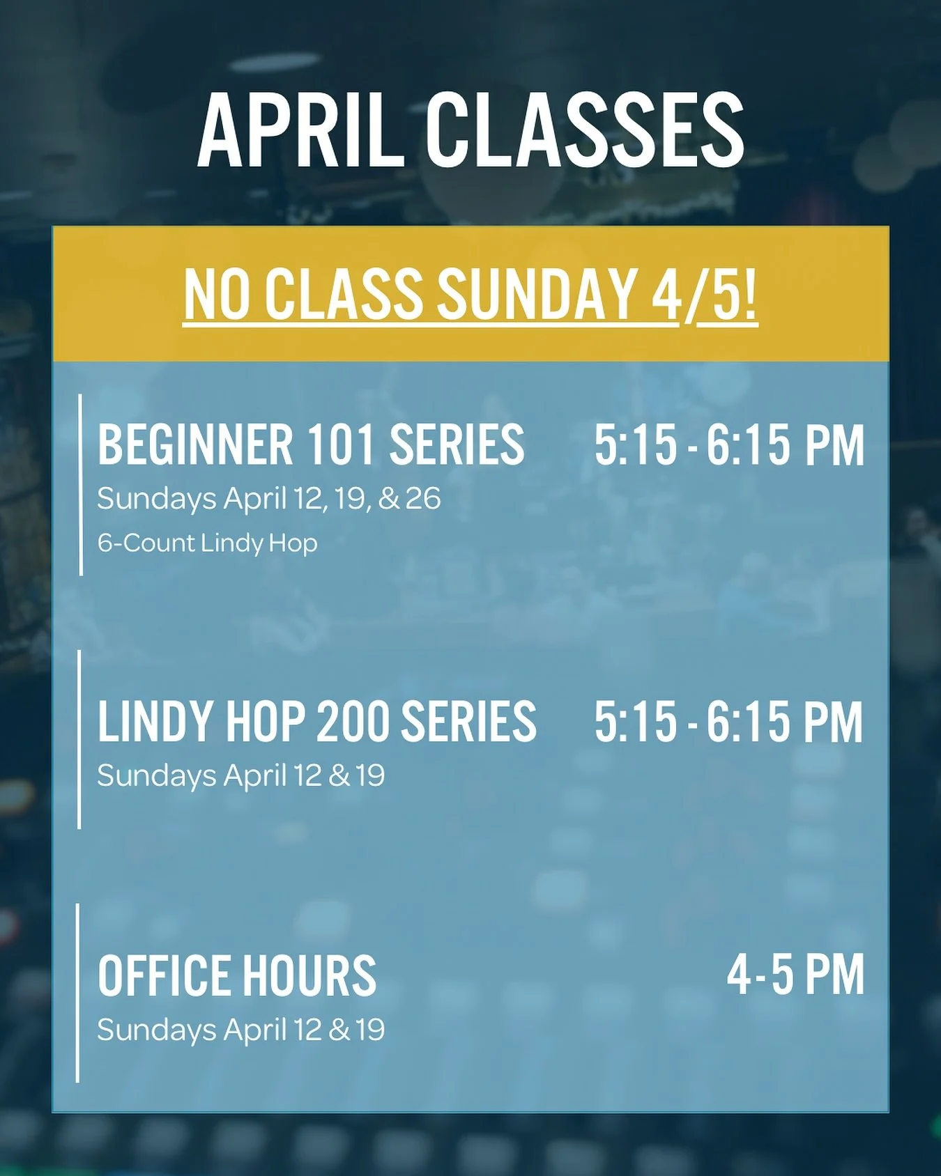 Have a good time at River City Mess Around? Keep the fun going and join us for our April classes! 

Learn more and sign-up at rivercityswingout.com 😎