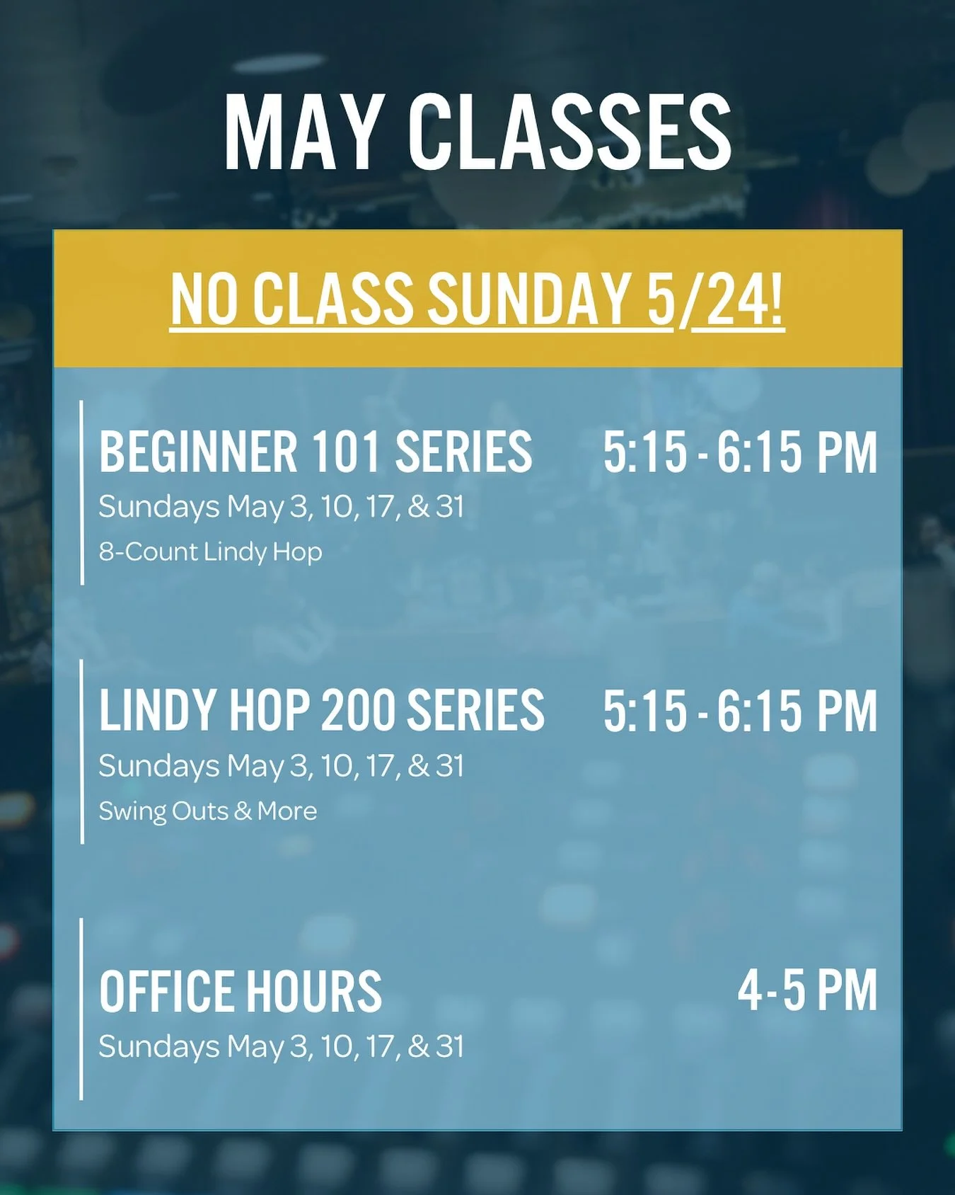 STARTING TOMORROW 🤩

Join us for our May Monthly Series and Office Hours! We cant wait to dance with you - learn more and sign up at rivercityswingout.com

*There will be no classes Memorial Day Weekend - enjoy the holiday!
