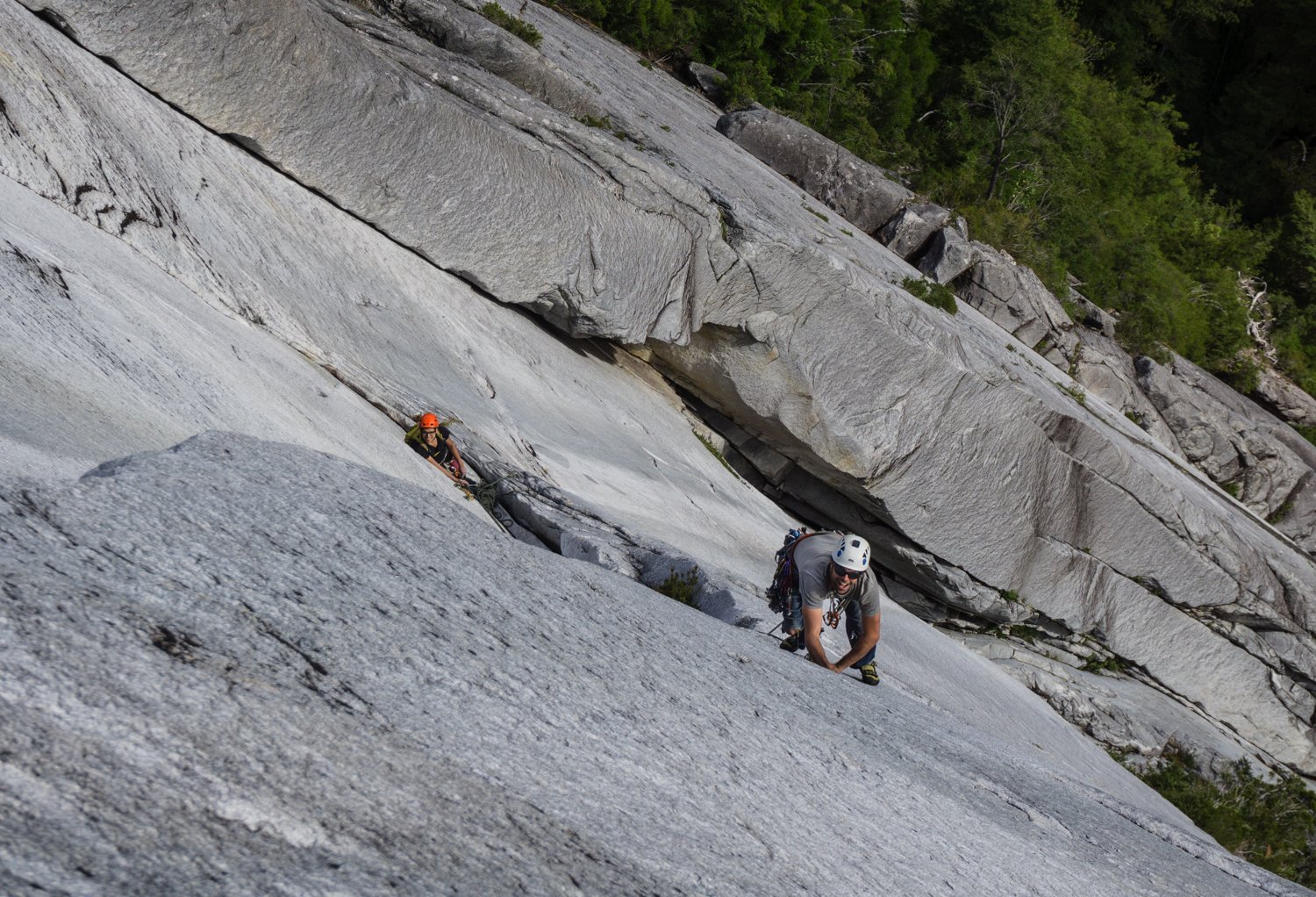 David climbing the fourth pitch of Camp Farm in Cochamo
