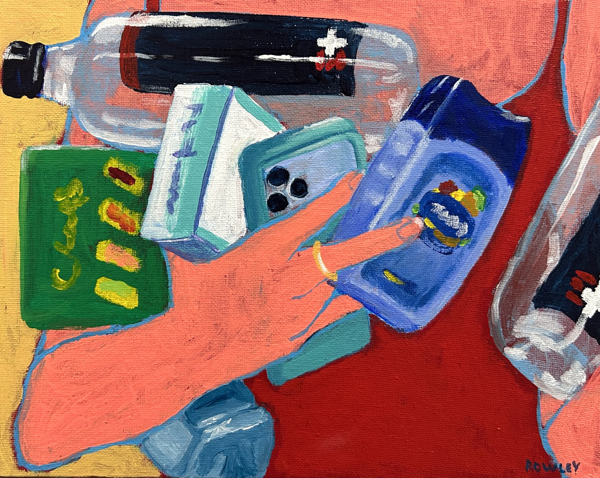 Water, Imodium, Phone, Tums, and Crackers,
2026,
Acrylic on Canvas
10" x 8"