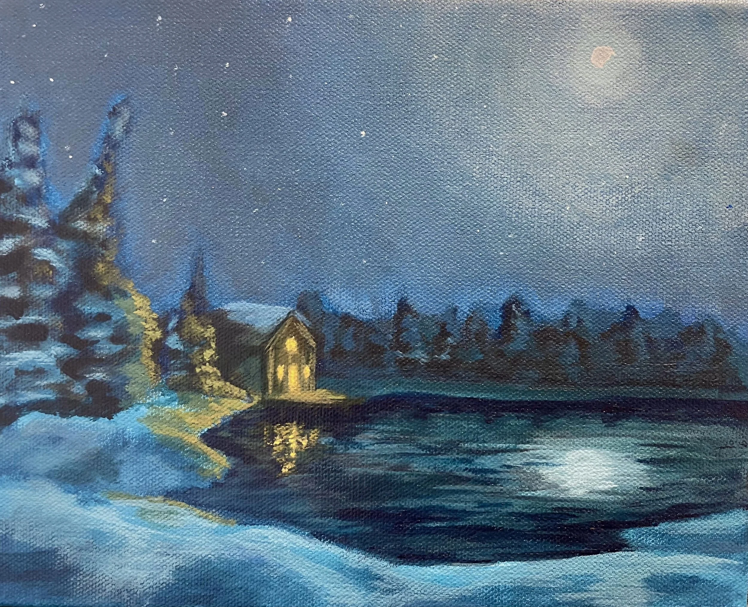 Winter Cabin acrylic painting