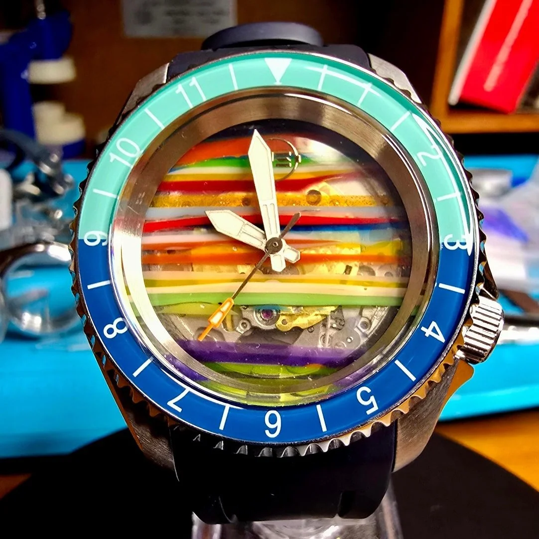 The newest build. Handmade surfite dial. 90S5 Miyota automatic movement. @namokimods skx conversion case and bezel insert. #watchesofinstagram #Watches #handmade #oneofakind #customwatch #customdial #seikomods #fordite #surfite #surfitejewellery #nam