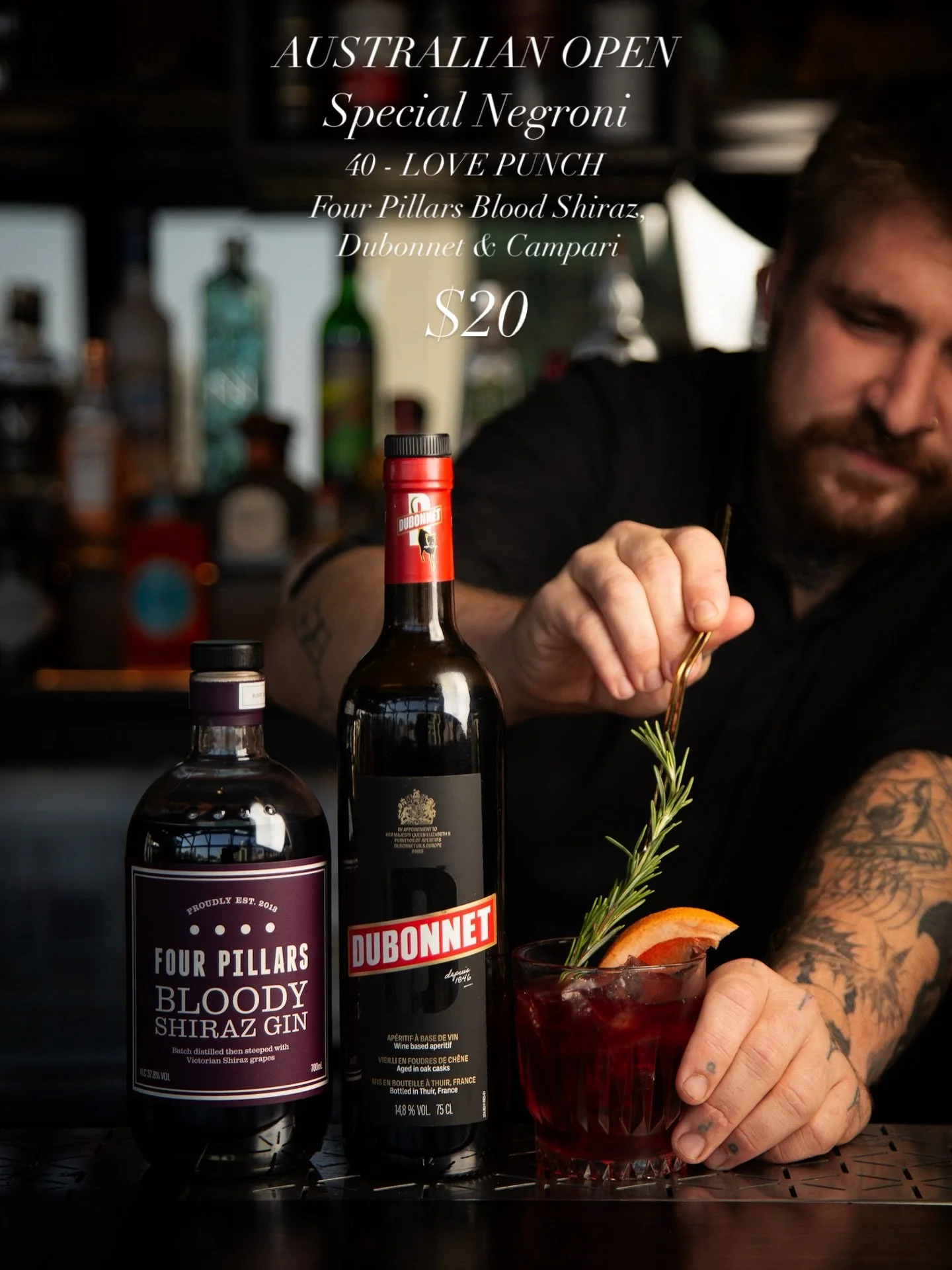 Game, set, sip. 🎾🍸

Serving up our Australian Open special, the 40 Love Punch
Four Pillars Bloody Shiraz Gin, Negroni style with Dubonnet and Campari, finished with grapefruit bitters. Bold, bittersweet, and made for match nights above the city.

G
