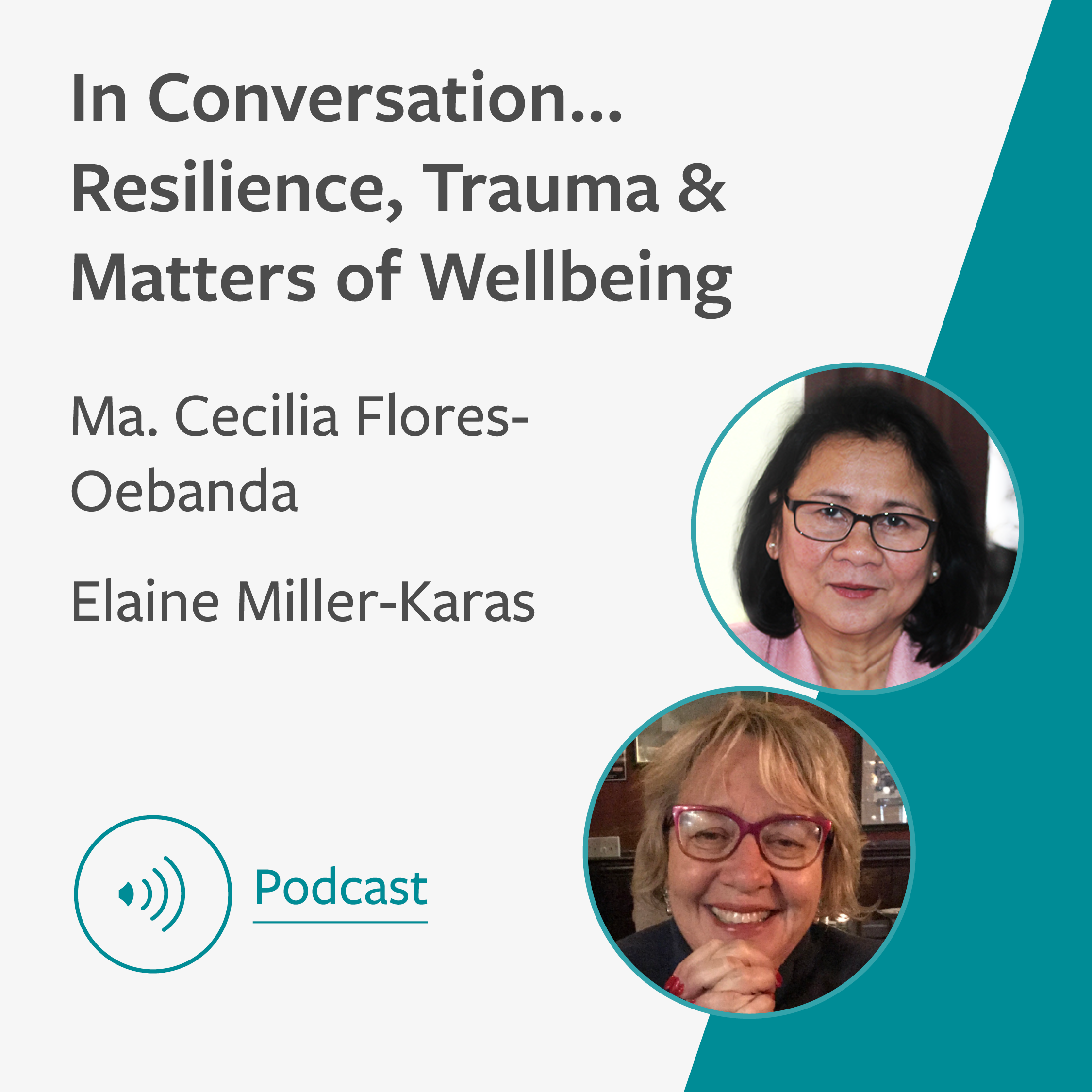 Grey and teal graphic showing the title of the podcast ‘In Conversation… Resilience, Trauma & Matters of Wellbeing’ with the names and profile images of the speakers - Ma. Cecilia Flores-Oebanda and Elaine Miller-Karas