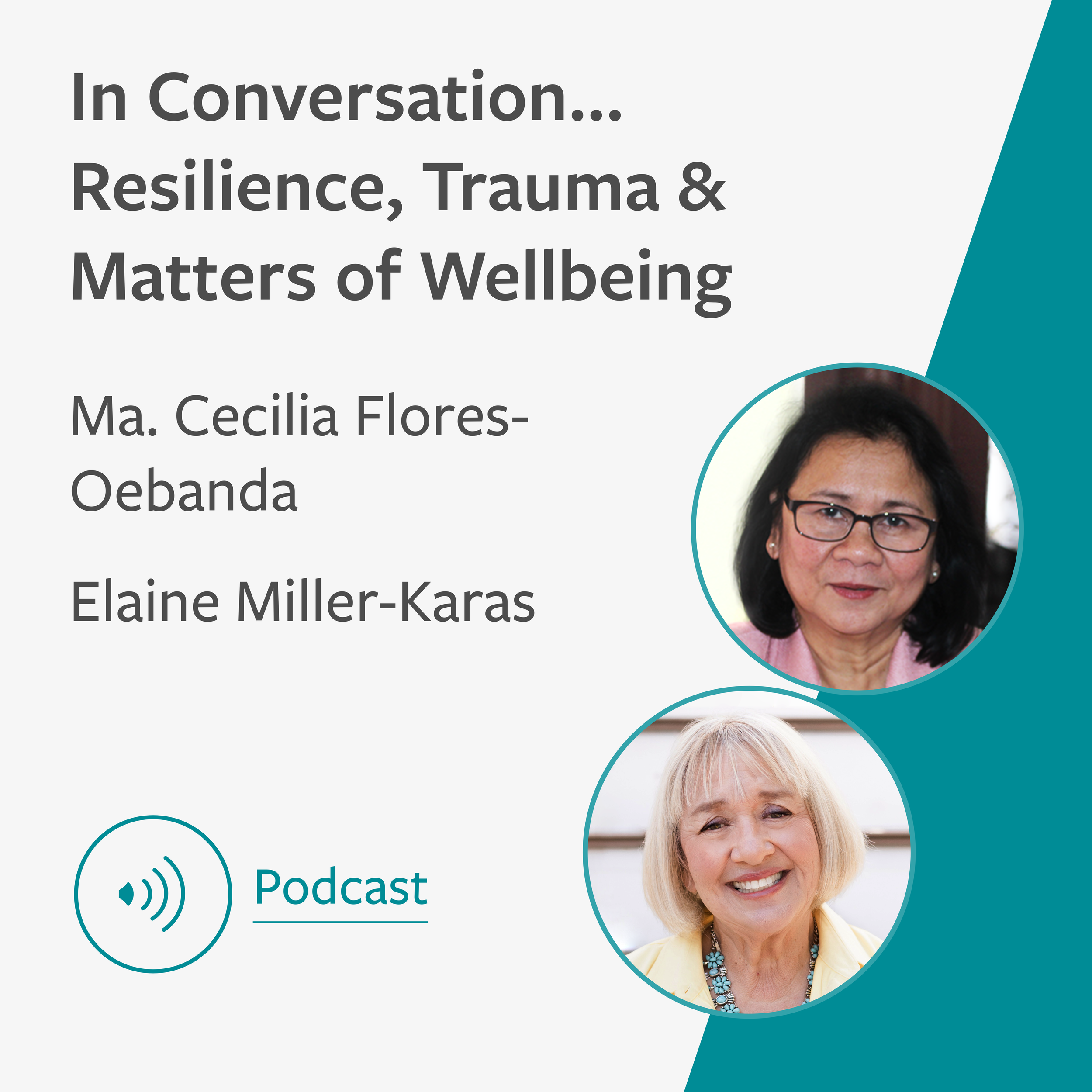 Grey & teal graphic showing the title ‘In Conversation… Resilience, Trauma & Matters of Wellbeing’ with the names & images of Ma. Cecilia Flores-Oebanda & Elaine Miller-Karas. In the bottom left corner is an audio speaker icon & the word 'Podcast'