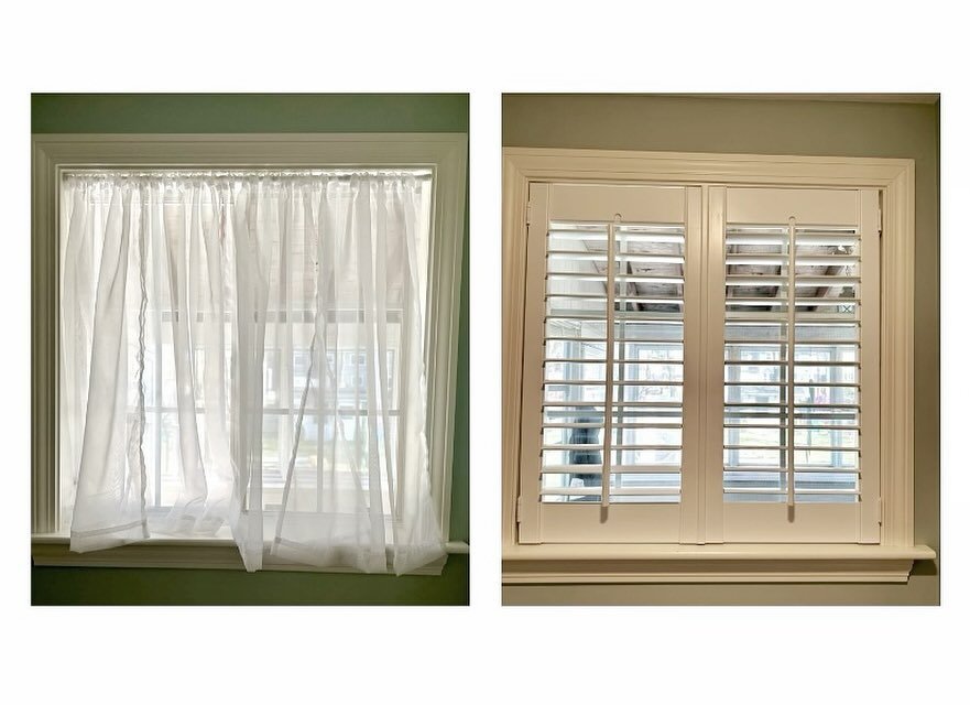 Such a good before and after that we just installed.&hellip; from ill fitting sheers to gorgeous custom shutters! 
#decorandmorewestwood #shoplocalma #customwindowtreatments #customshutters #shades #interiordesign #homedesign #windowtreatments #windo