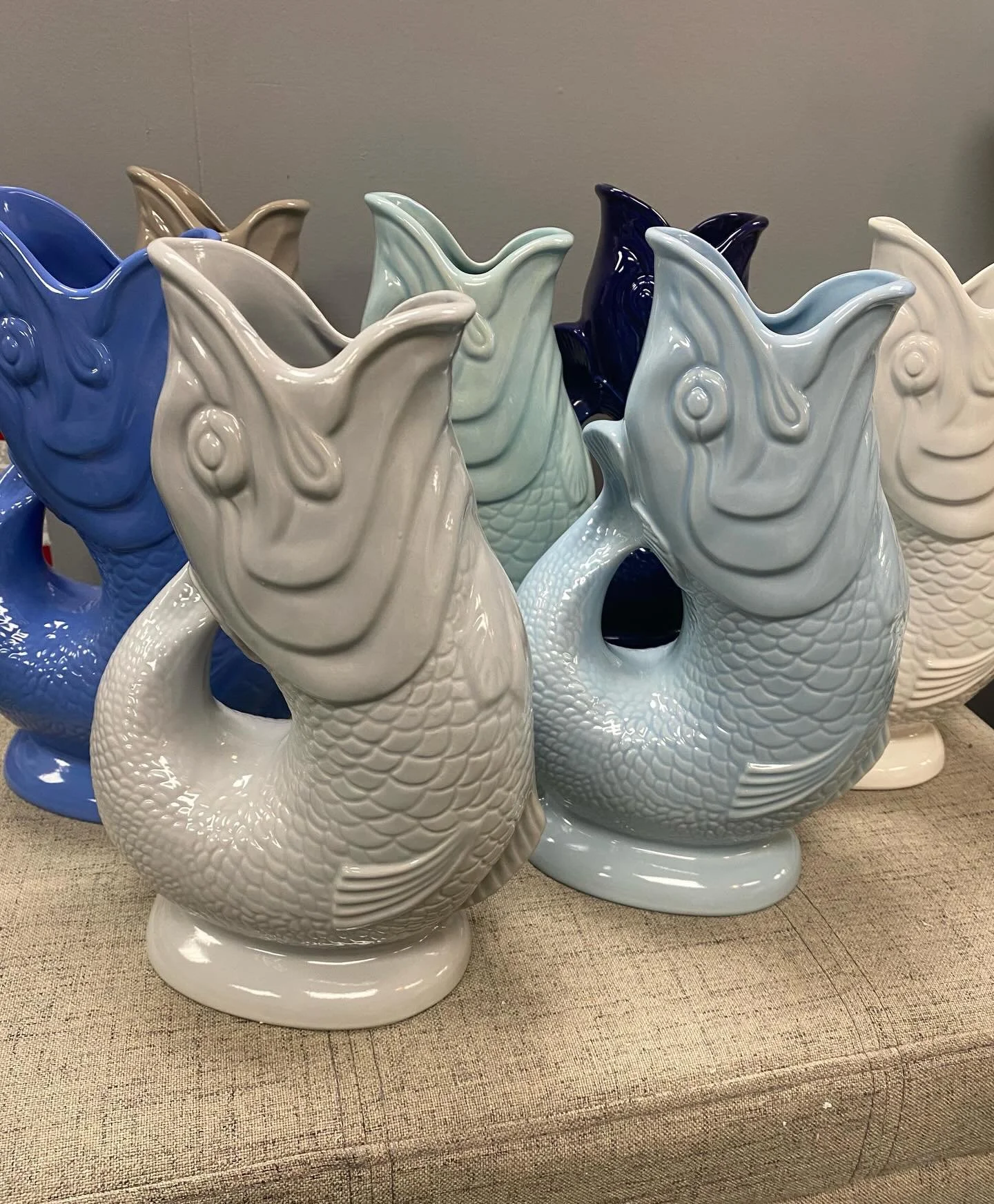 A New England classic gift, the Gurgling Cod. Originally a British thing, a version was created for the local market from Shreveport, Crump and Low. Use it as a water pitcher and listen to the gurgle as you pour. Or these make a fun flower vase. What