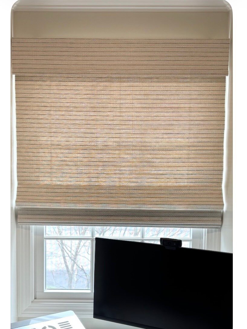 Shade install 🏠 
At this home we hung a woven wood shade over her workspace to give some texture, keep things neutral and add some sun protection when needed. We also installed some painted wood blinds in two bathrooms so they could get some privacy