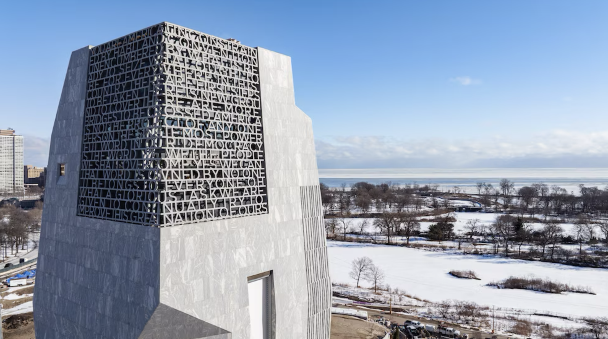 A view of the Obama Center overlooking the neighborhood and Lake Michigan in winter