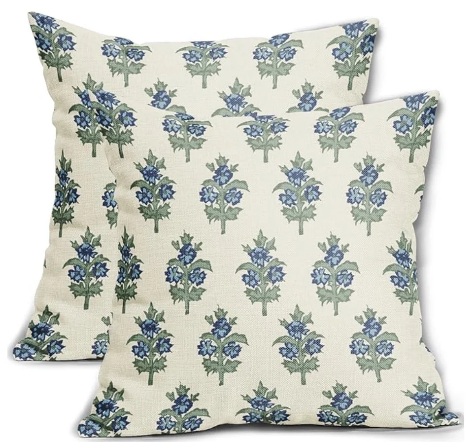 Sage Green Blue Floral Printed Pillow Covers Set of 2