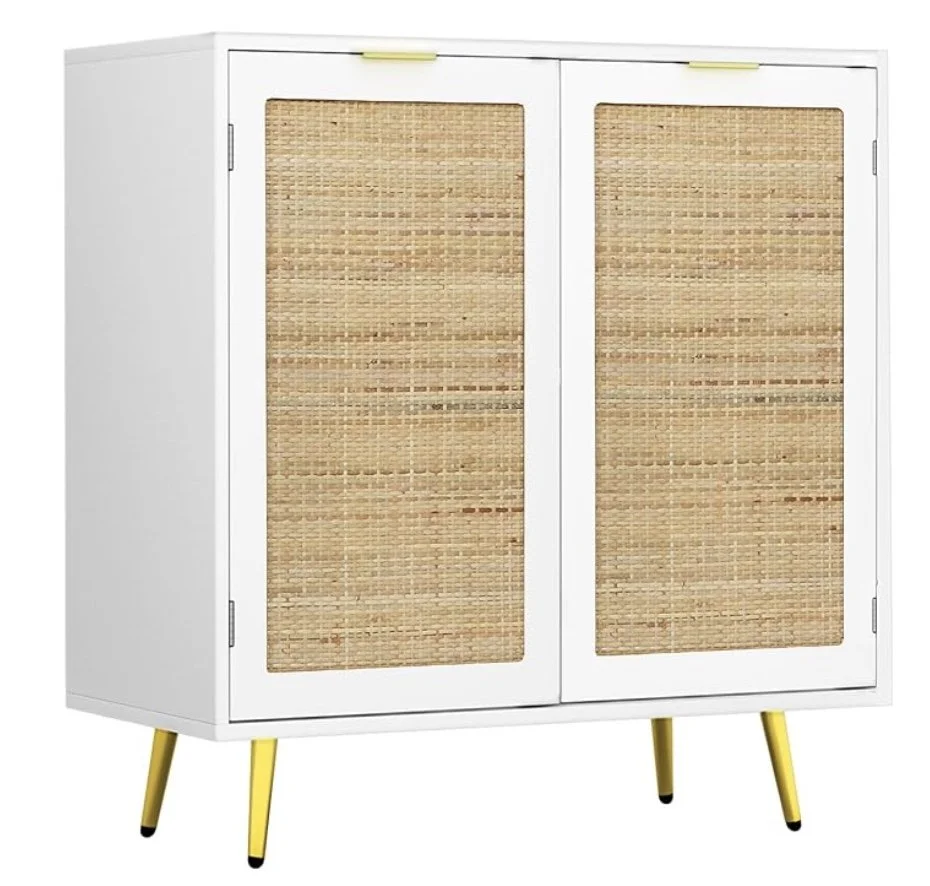 White Cabinet with Rattan Door Panels
