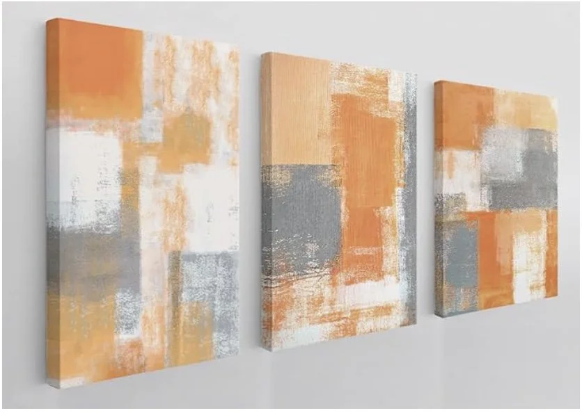 Orange White Gray Abstract Wall Art Canvas Set of 3