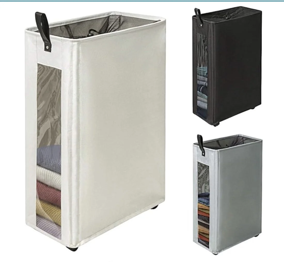 Rolling slim laundry basket with clear side