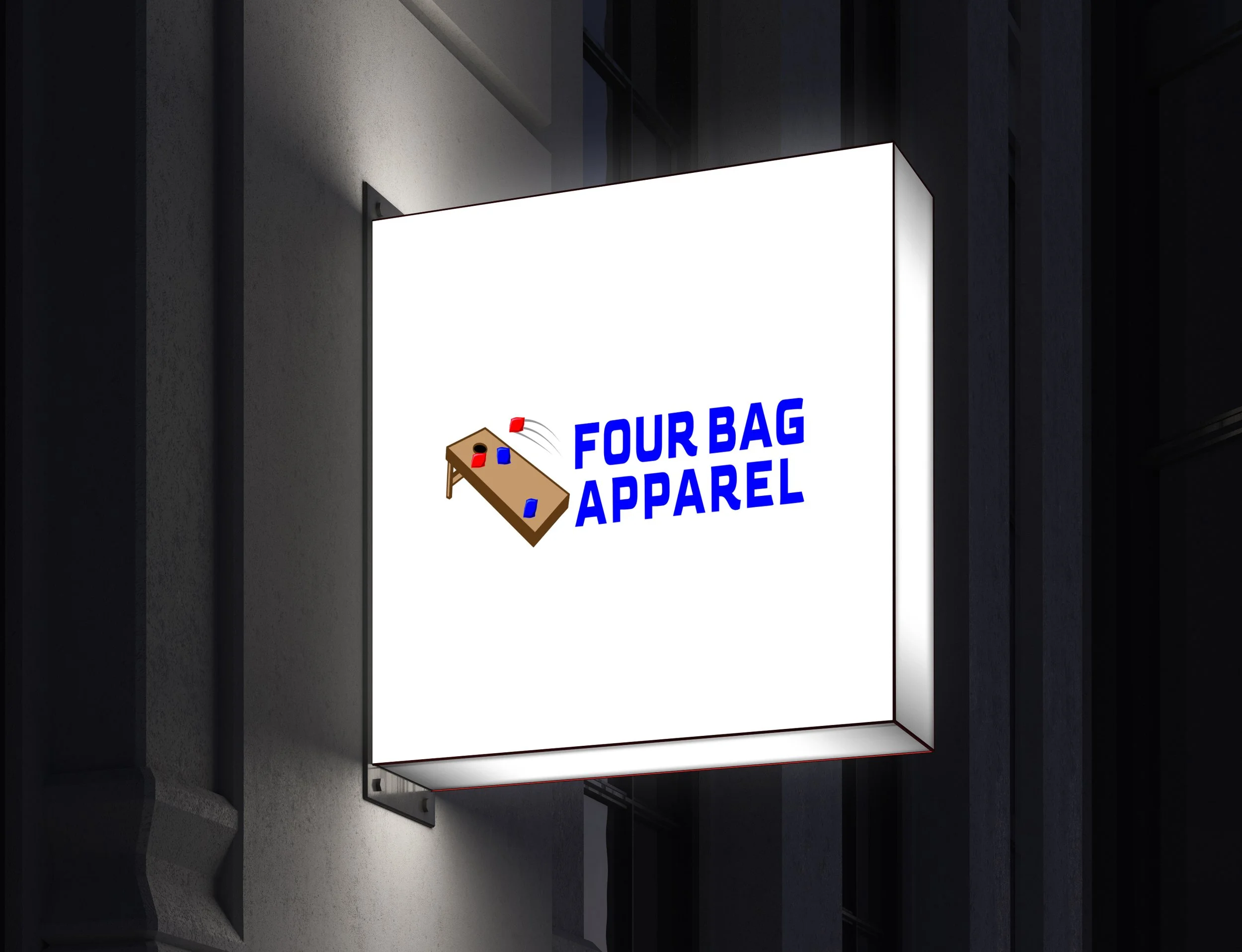 Nighttime illuminated sign for Four Bag Apparel featuring a logo with a brown table and four small bags, with bold blue text reading 'FOUR BAG APPAREL'.