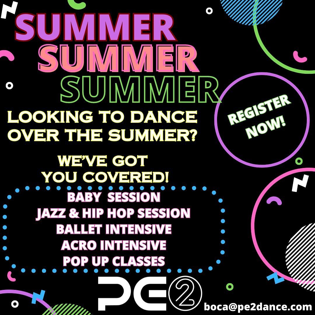 SUMMER REGISTRATION IS NOW OPEN! Use the link in our bio or your parent portal to access SUMMER 2024 registration. We can&rsquo;t wait to dance with you! 🔴⚫️⚪️ #pe2 #dance #sing #act #summer #bocaraton #pe2year16