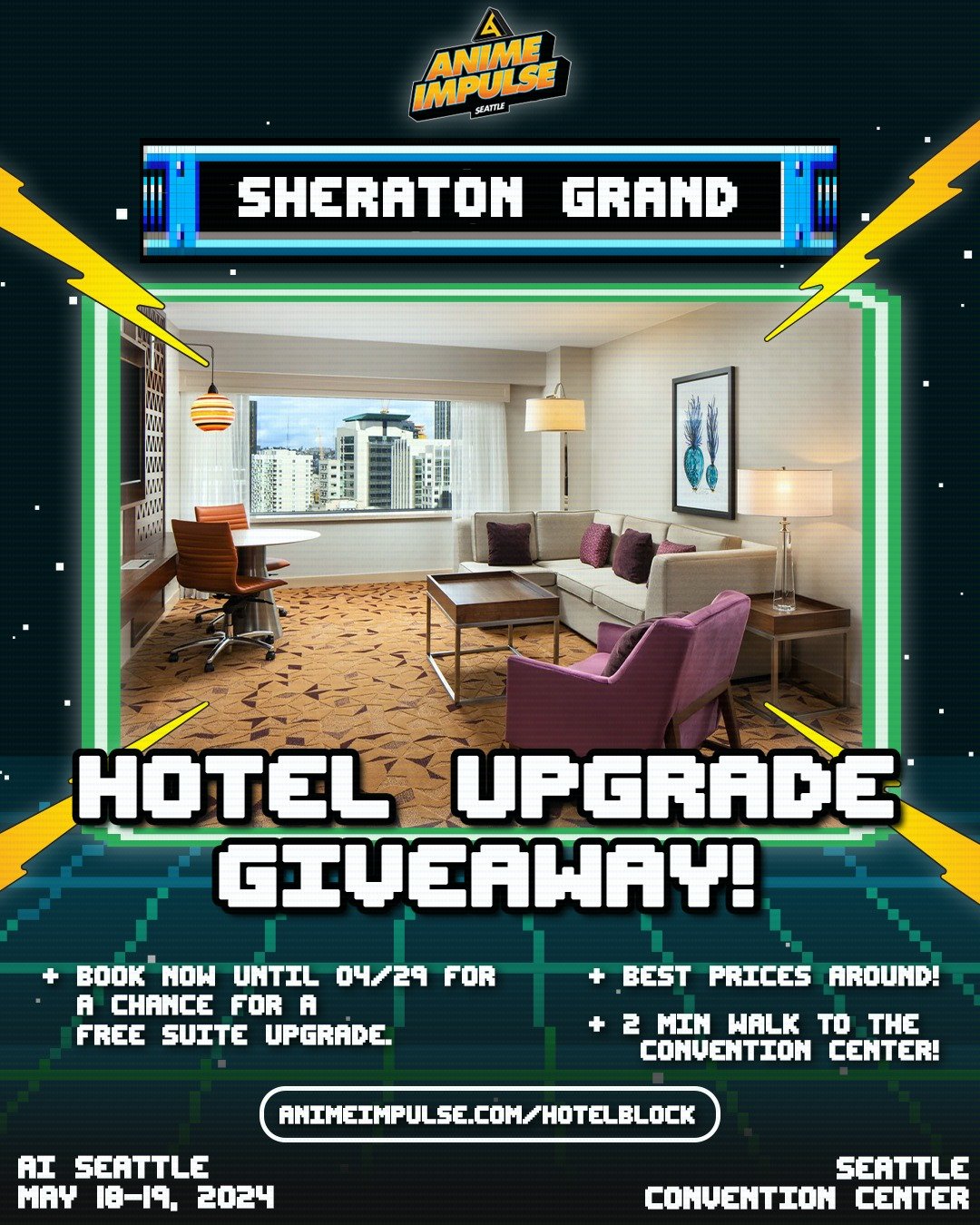 🛌 HOTEL UPGRADE GIVEAWAY ✨

We have a special raffle for #ANIMEImpulseSeattle2024 attendees! Those who book from our hotel room block from now until April 29, 2024 can win the chance for a FREE hotel room upgrade! 🥳

Attendees who have already book