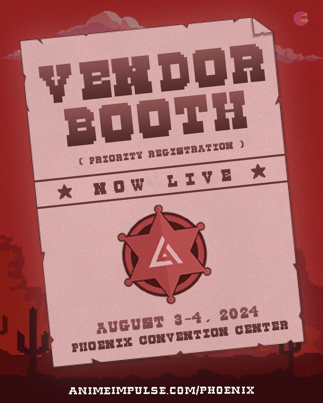 🚨 REGISTRATION OPEN 🚨

Priority registration for #ANIMEImpulsePHX2024's Vendor Hall for select previous Vendors is now OPEN (First come, first serve)! 🏃💨 Secure your spot NOW to join us at the Valley of the Sun! 🏜️☀️