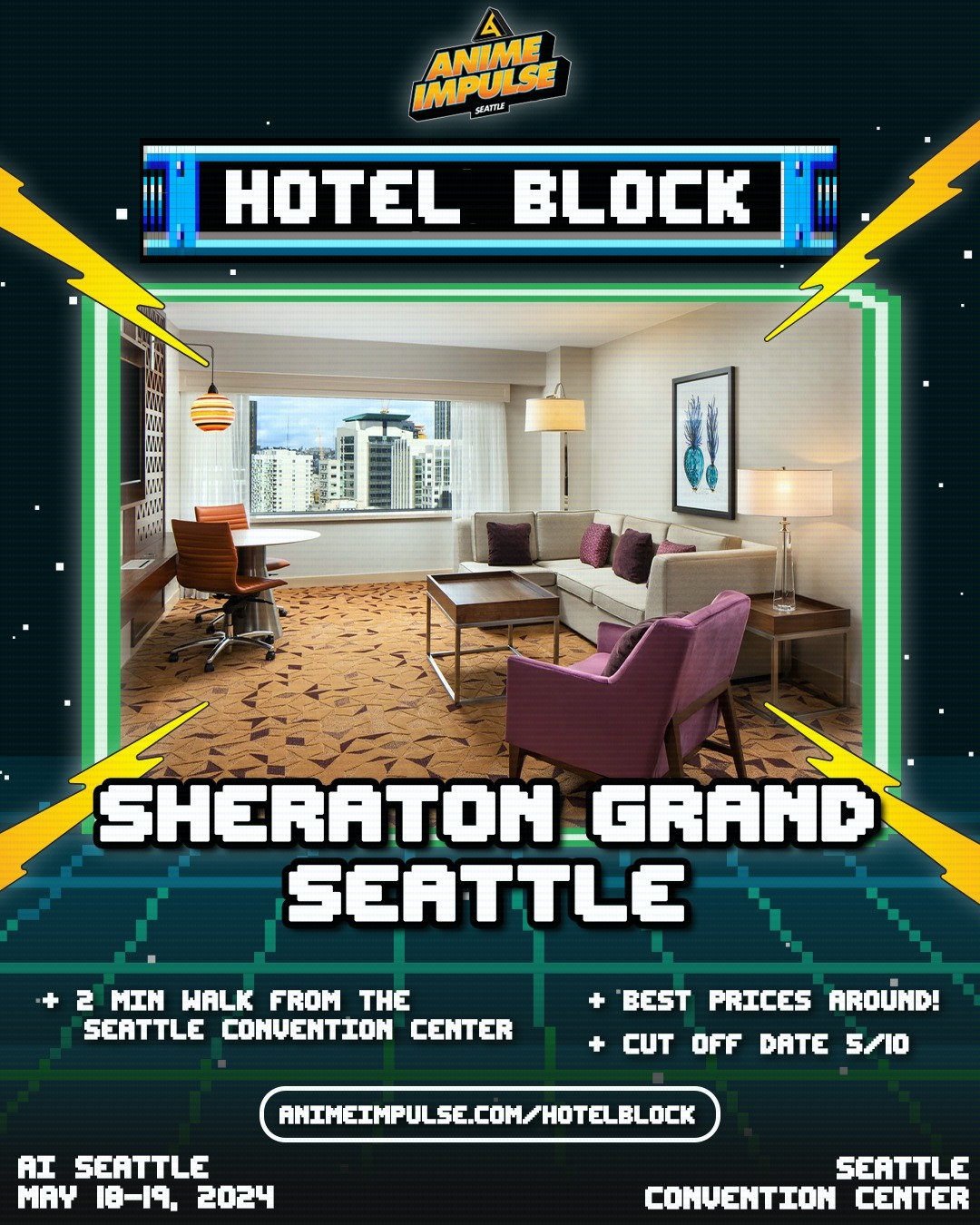 🛌 HOTEL BLOCK EXTENDED🏨

 #ANIMEImpulseSeattle2024 hotel block is available for a discounted rate, NOW UNTIL MAY 10!! It's 2 min walk from the convention, probably the most cost efficient, &amp; y'all could party together!! 🎉🪩

Rooms are limited-
