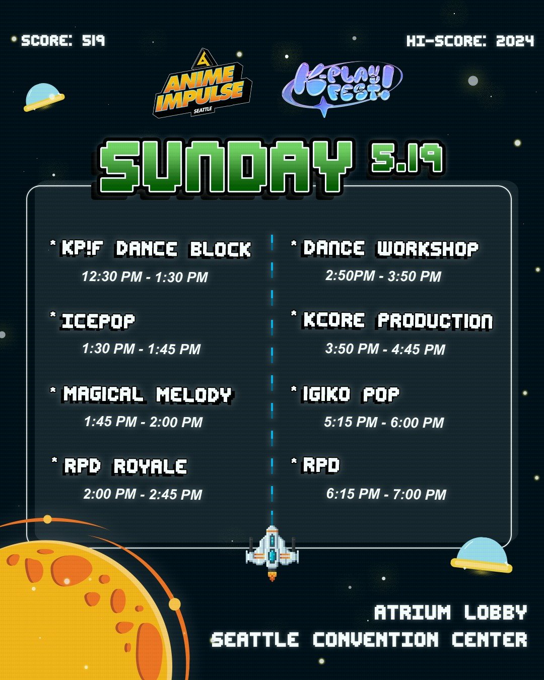 Check out our Sunday schedule for our ANIME Impulse x K-PLAY! FEST collab stage, the Atrium Stage, at #ANIMEImpulseSeattle2024! We&rsquo;ll have amazing performers take the stage and of course, time for you all to shine through RPD! See you there! 🎤