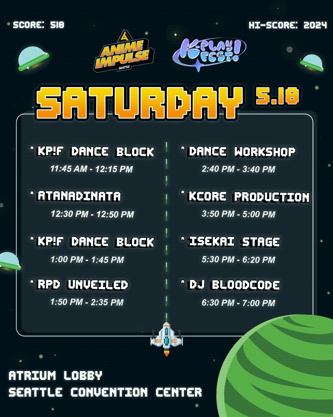 Check out our Saturday schedule for our ANIME Impulse x K-PLAY! FEST collab stage, the Atrium Stage, at #ANIMEImpulseSeattle2024! We&rsquo;ll have amazing performers take the stage and of course, time for you all to shine through RPD! See you there! 