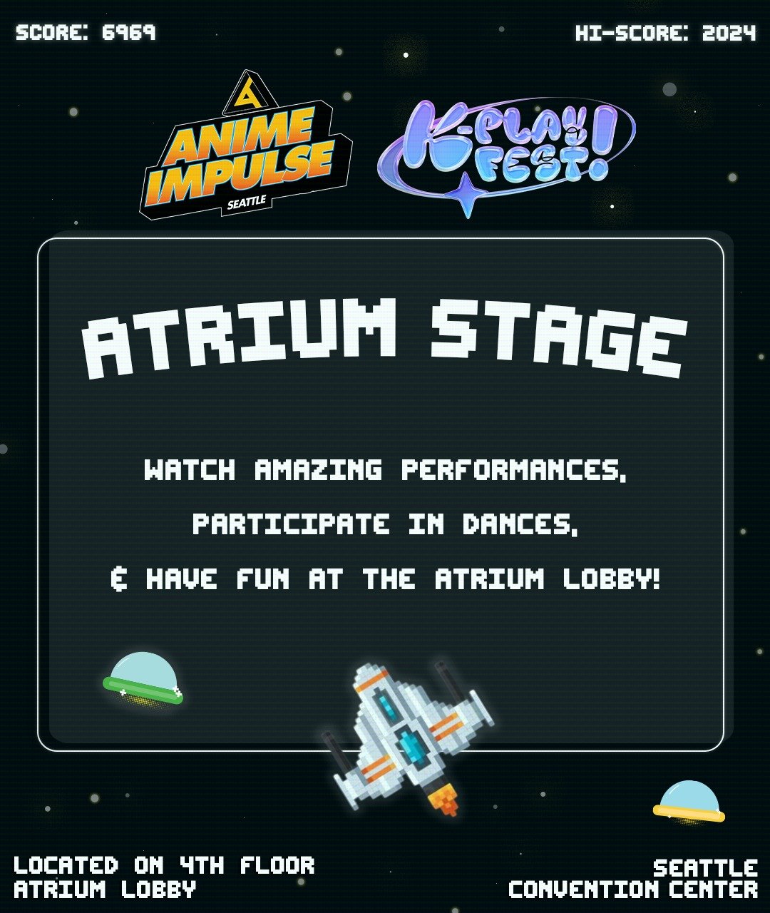 🌟 WELCOME TO THE ATRIUM STAGE 🌟

Join us at our collab stage with @kplayfest at #ANIMEImpulseSeattle2024 for a weekend of amazing performances, fun random play dancing, and fun that's out of this world! ✨🌎🚀

That's not all! Keep an eye out for ou
