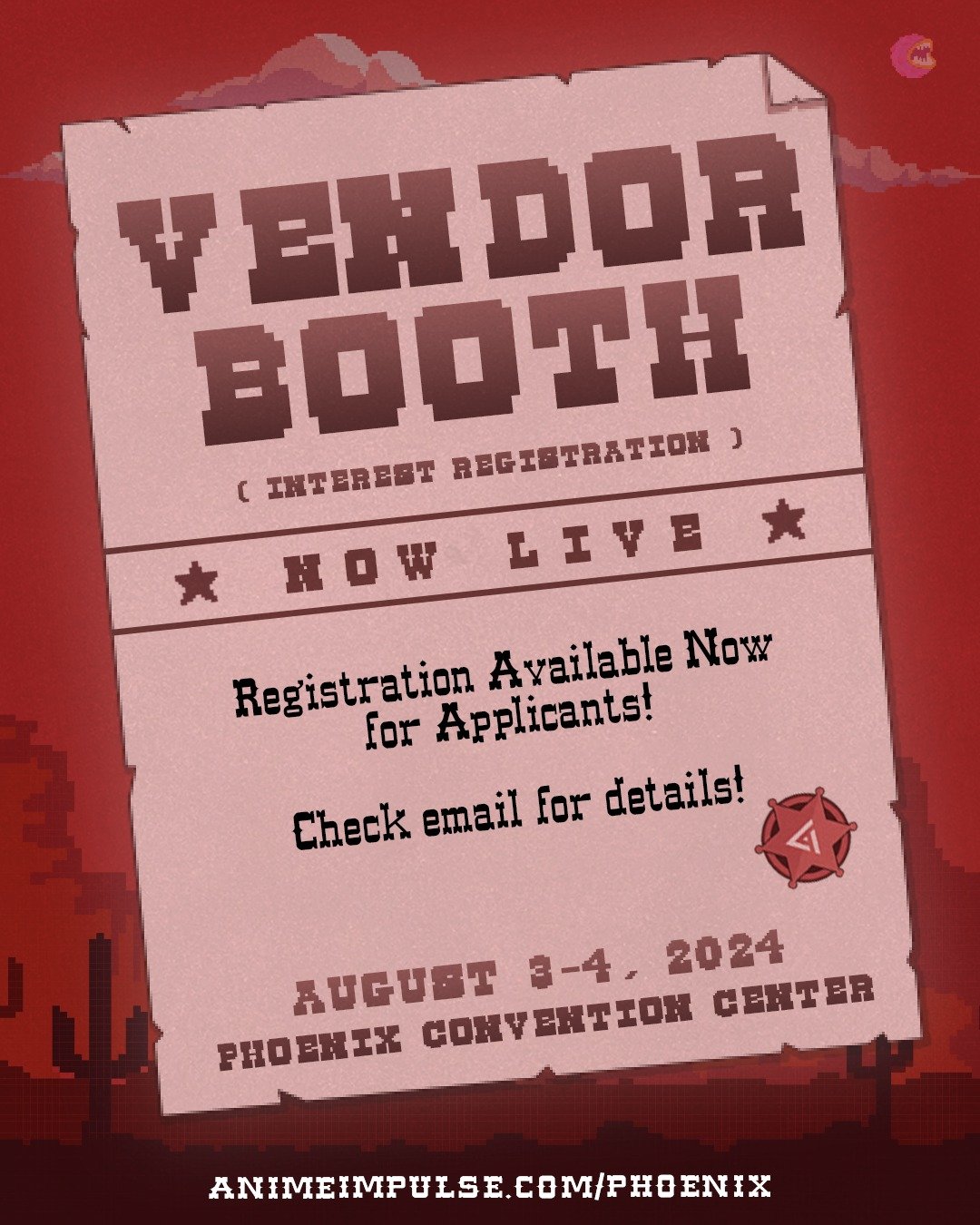 🚨 REGISTRATION OPEN 🚨

The Interest List priority registration for #ANIMEImpulsePHX2024's Vendor Hall is now OPEN (First come, First serve)! 🏃💨 Secure your spot NOW to join us at the Valley of the Sun! 💚🏙️