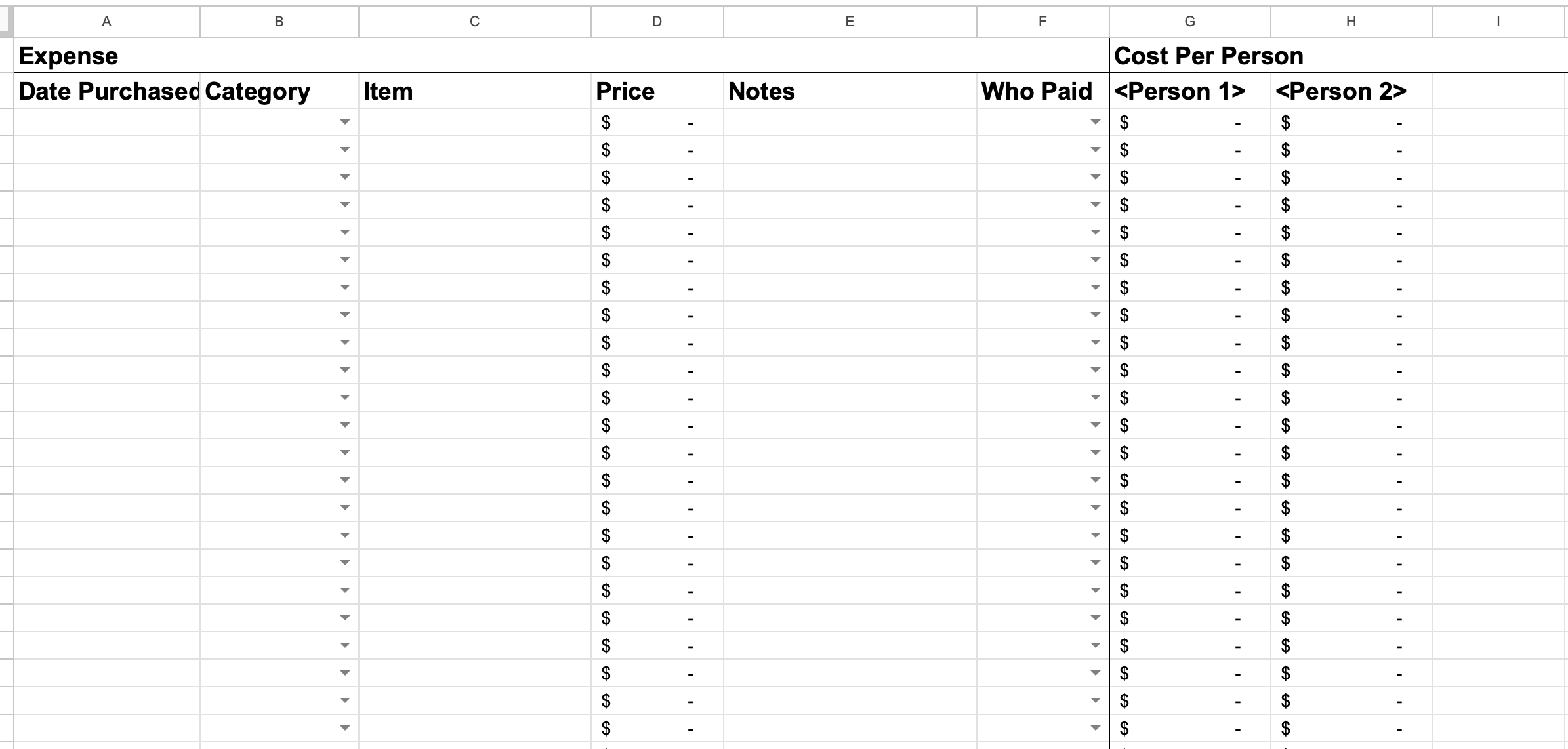 Screenshot of the Expenses Tab of my trip Google Sheet