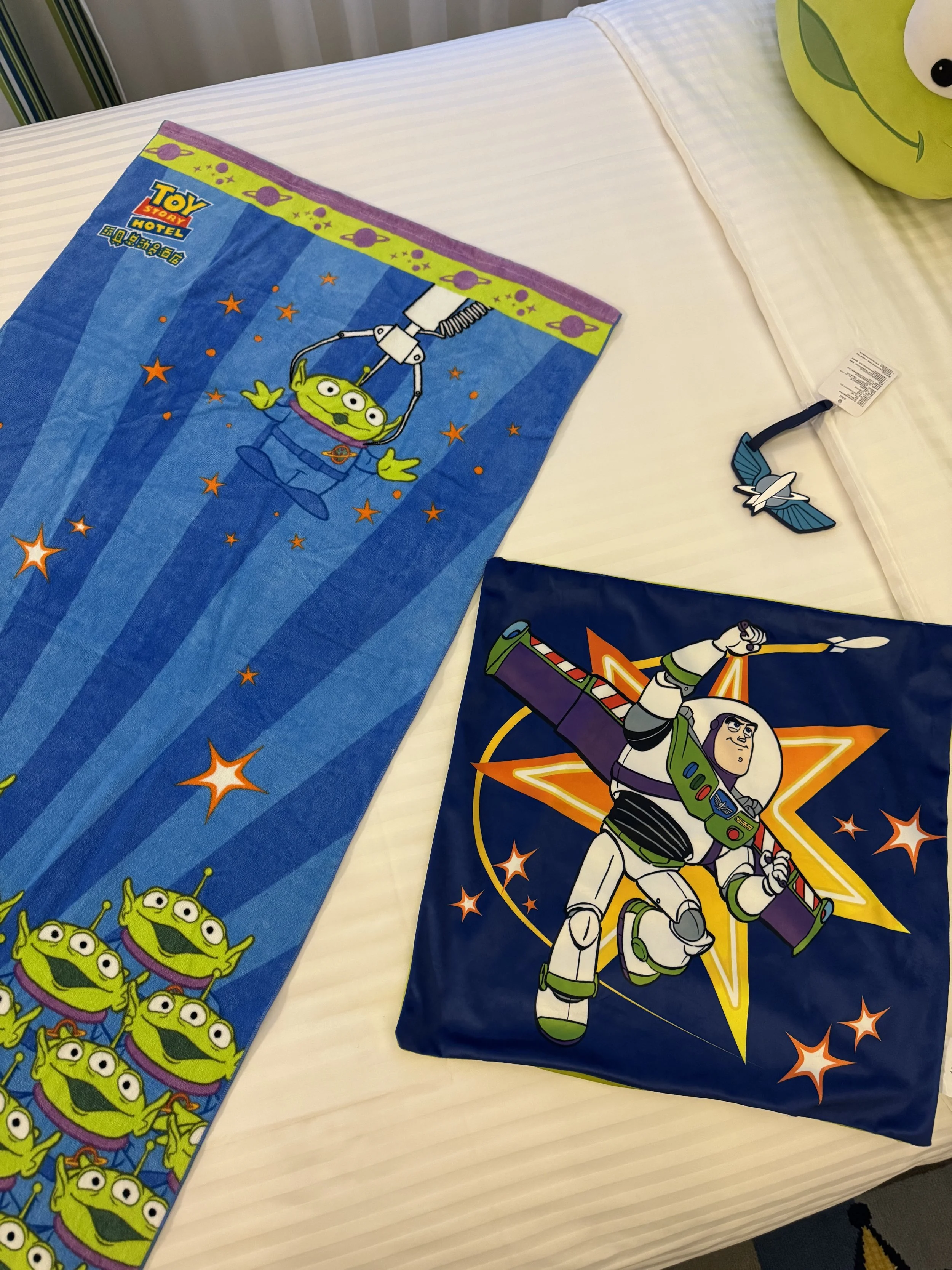 Towel, pillow case, and luggage tag freebies