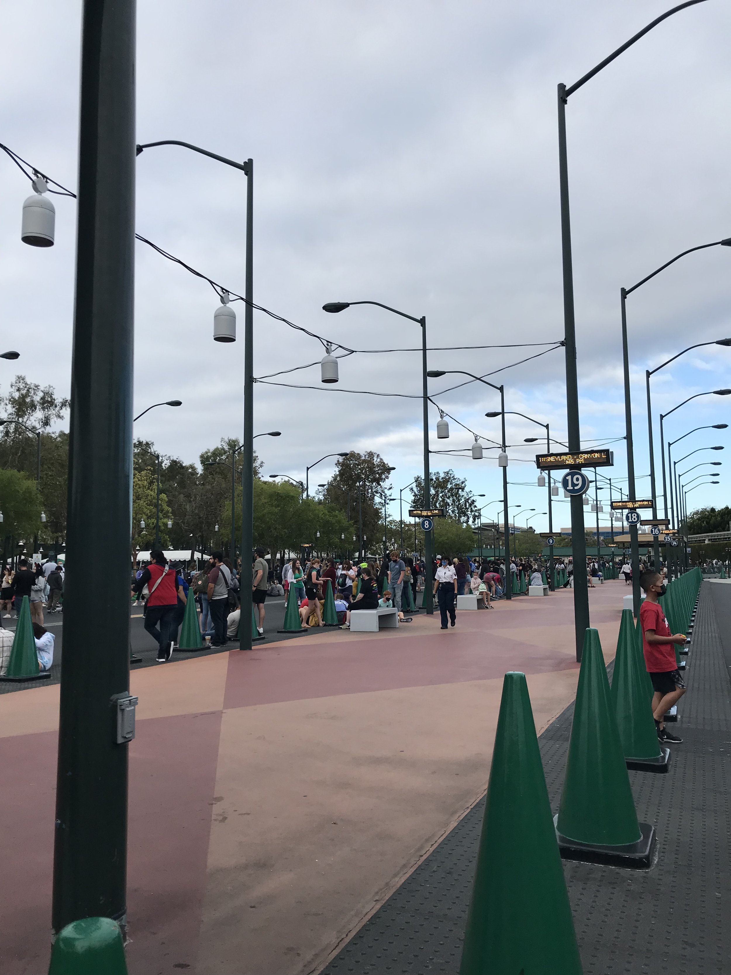  Long lines of people in the Disneyland bus depot 