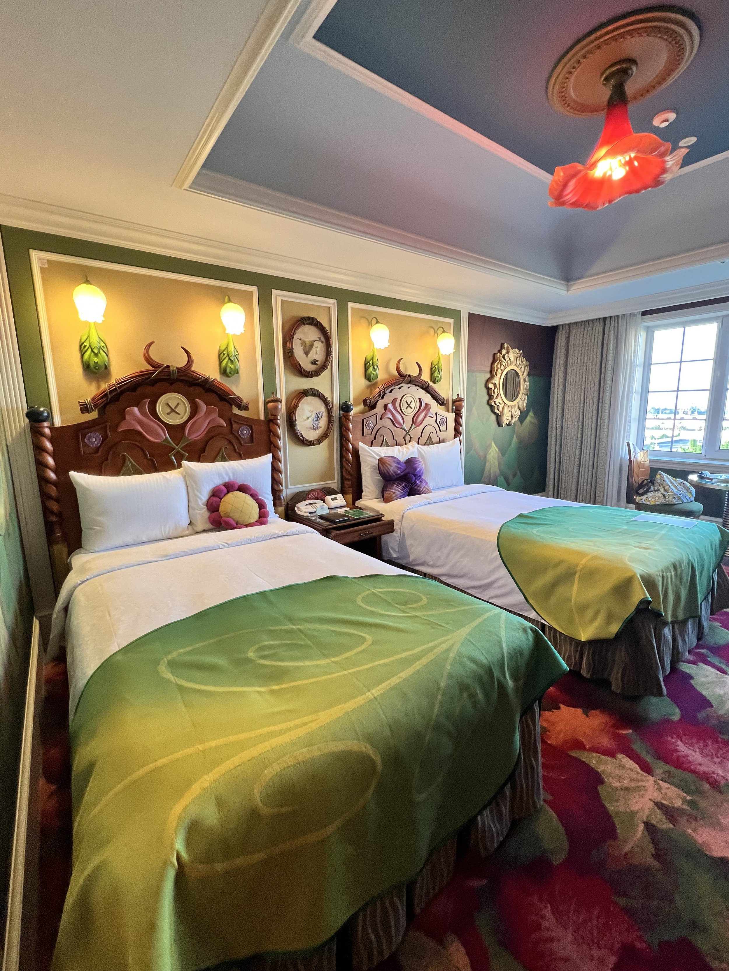  View of the beds in the Tinkerbell room in Tokyo Disneyland Hotel 