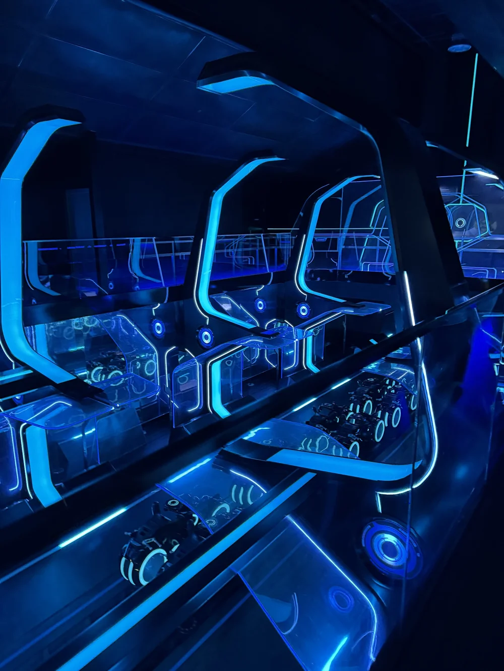  View of TRON Lightcycle / Run ride vehicles and roller coaster track 