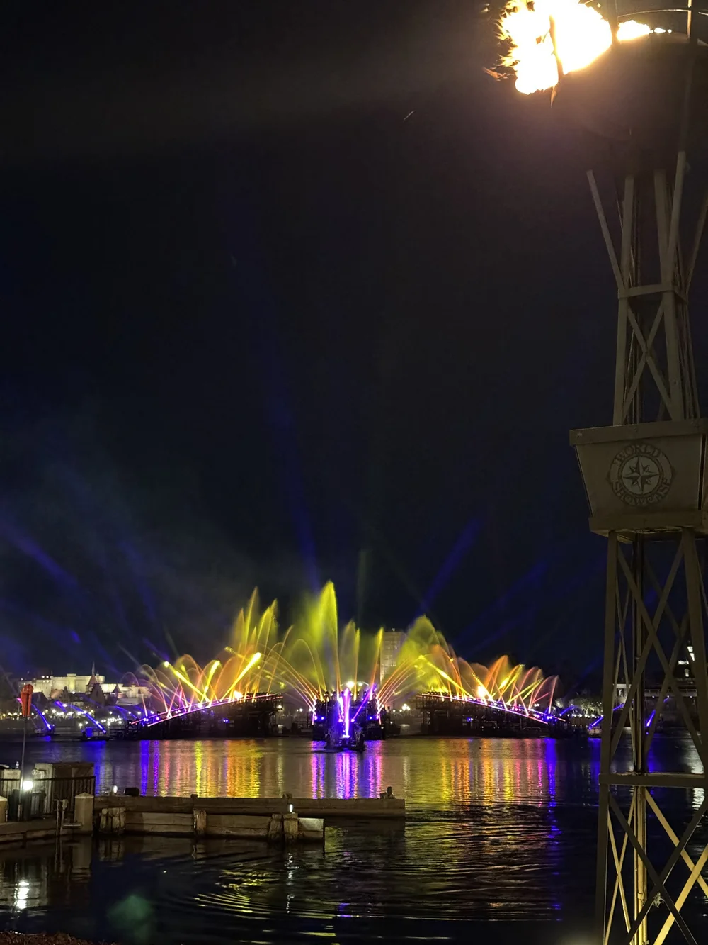  Lights and water spraying from fixtures in the middle of the lagoon 