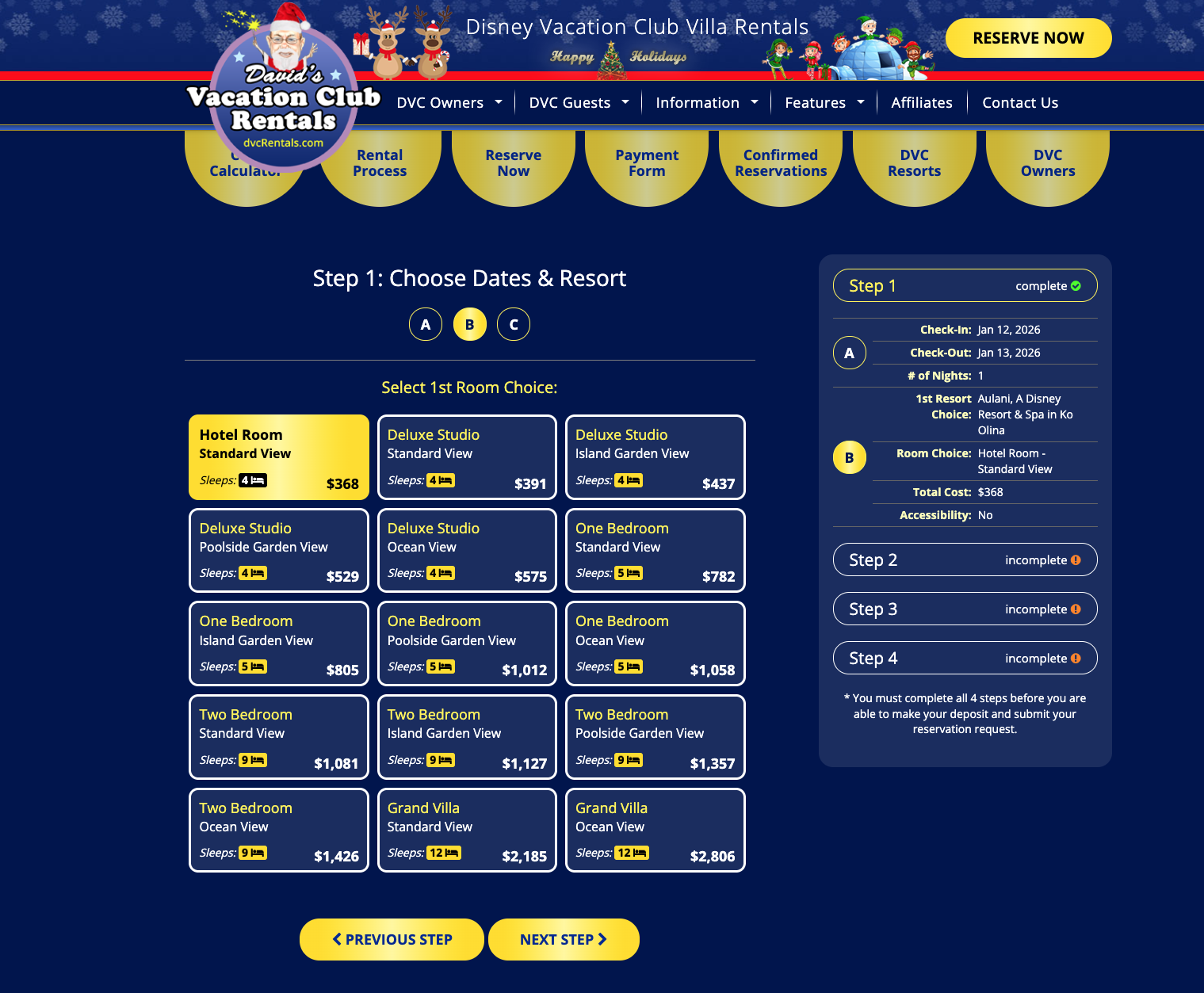  Aulani room option listings with prices on the David’s Vacation Club Rental website 