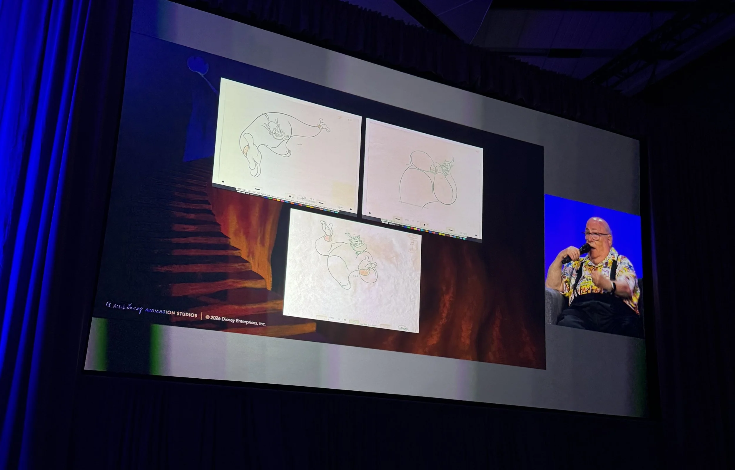  Eric Goldberg speaking about animating Genie next to samples of his Genie drawings 