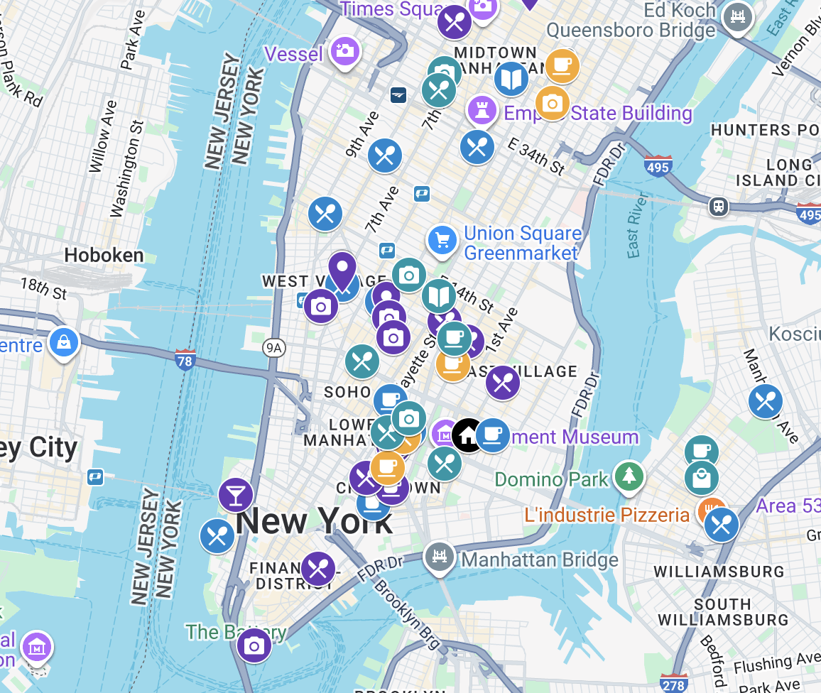 Screenshot of New York map with color-coded icons scattered across the map to indicate different points of interest