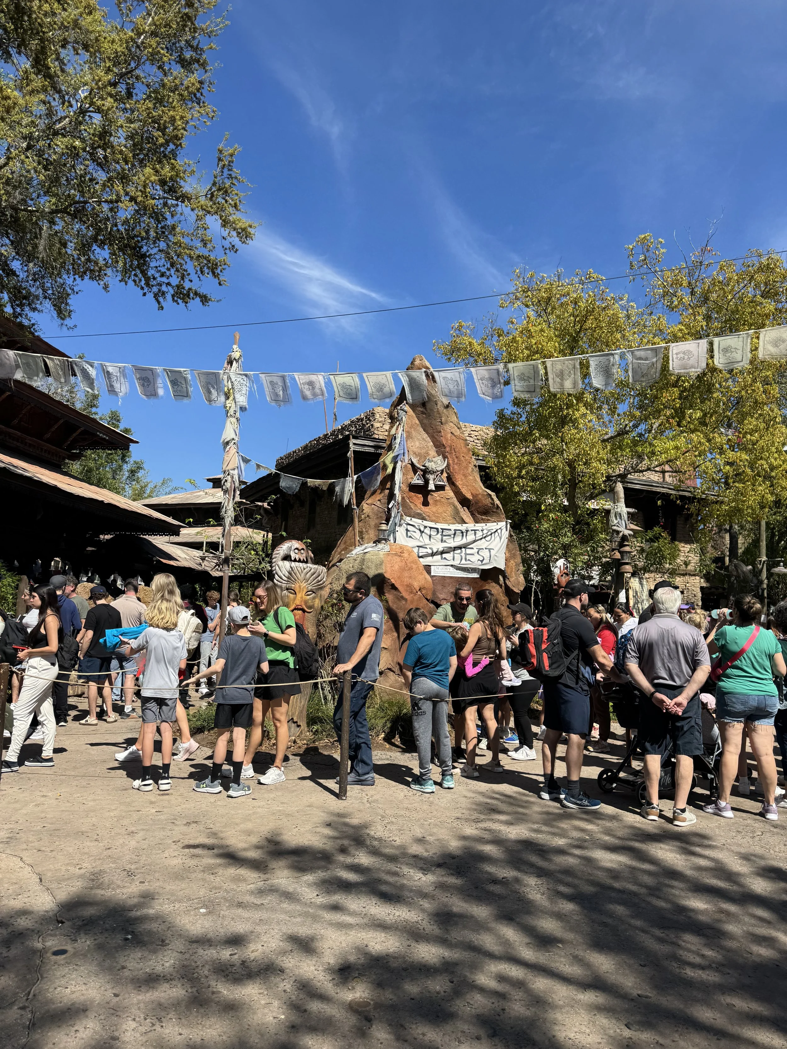 Small mountain structure with Expedition Everest sign and a queue of people standing in front of it