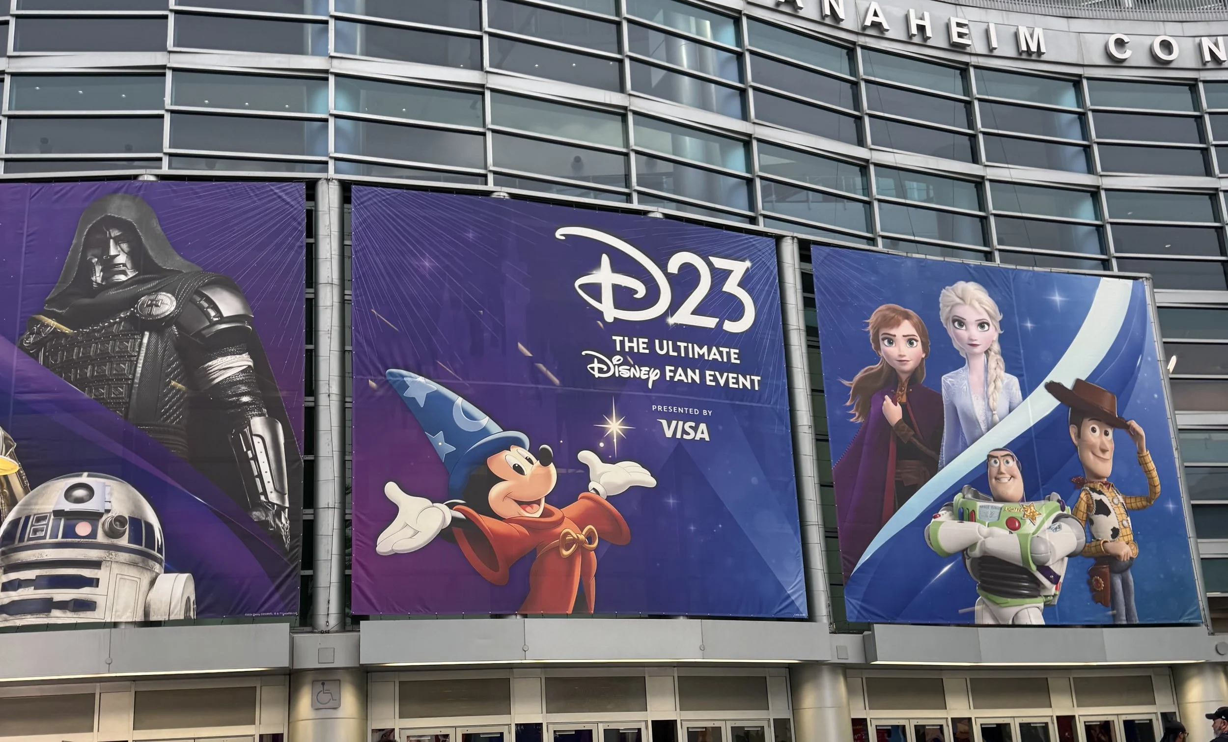 Main entrance sign to D23 outside Anaheim Convention Center building