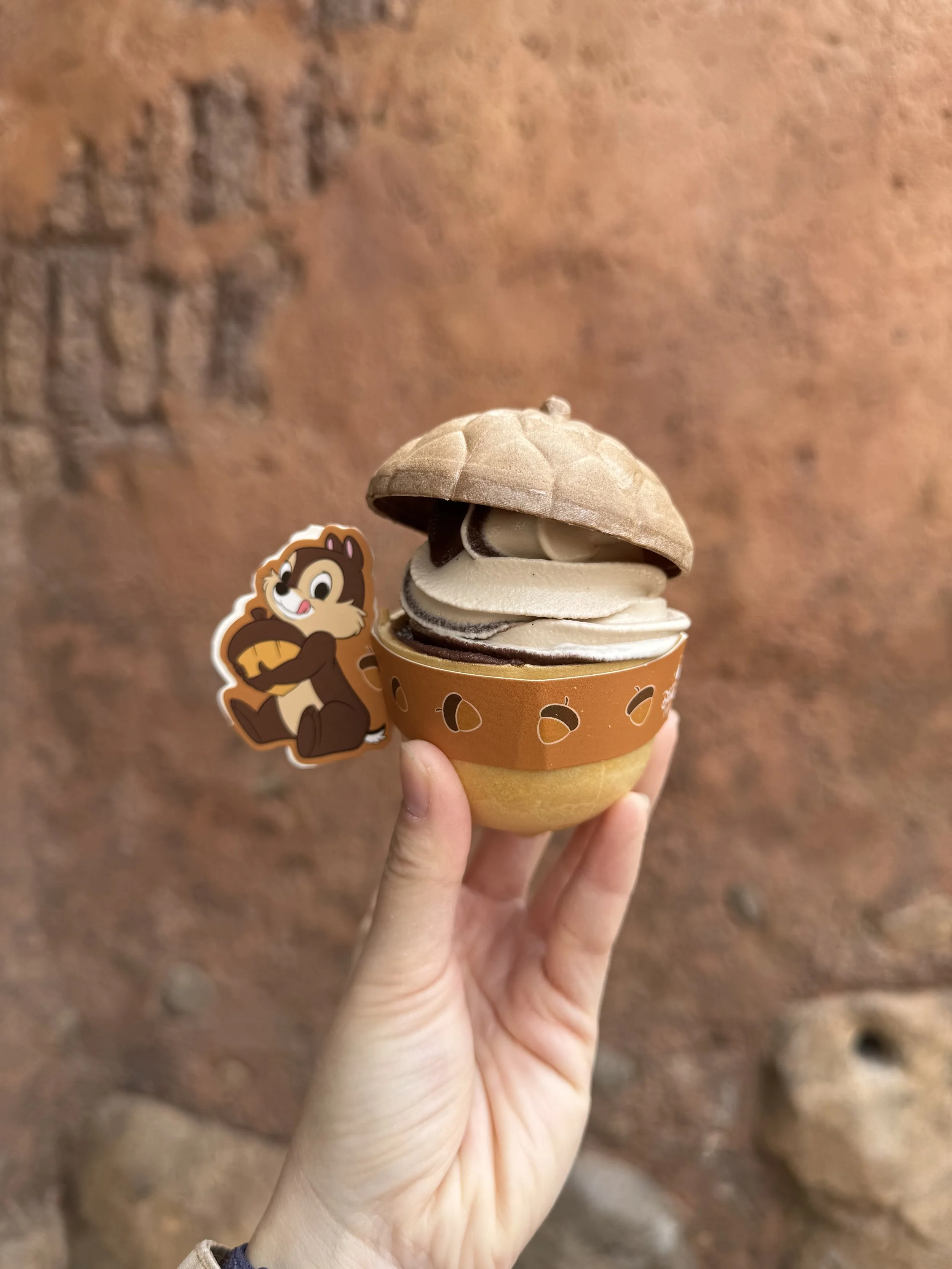Beige and dark brown swirl of ice cream in an acorn shaped cone with a paper wrapper around the side with an image of Chip holding an acorn