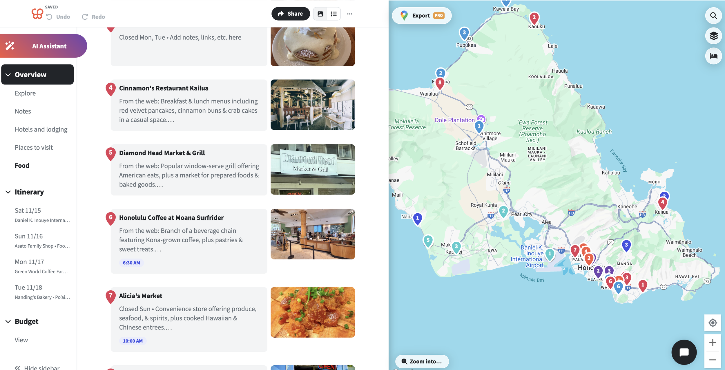 Screenshot of Wanderlog trip screen with overview, location details, and map all in one